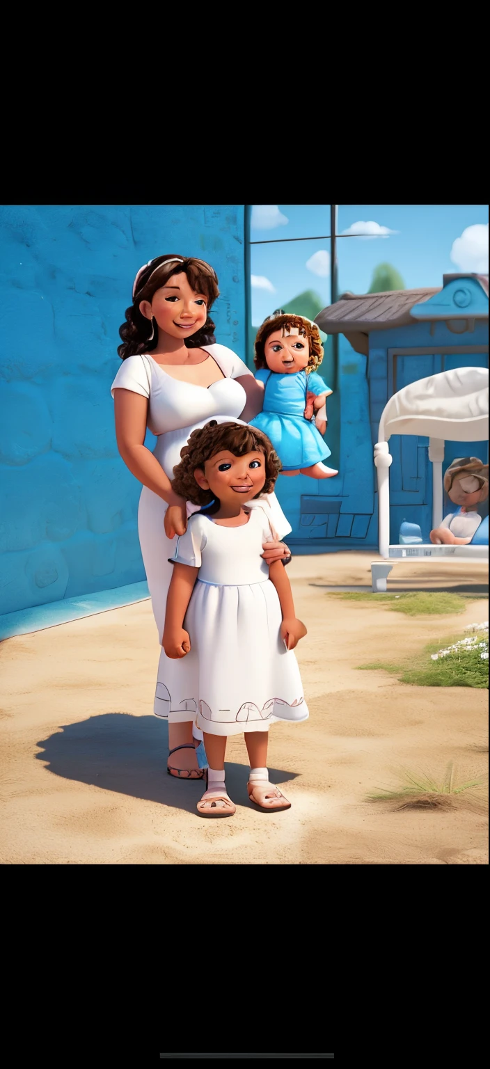 Disney pixar picture a chunky oversized mother with curled hair with a white tank top, chubby, smiling, mother is holding her toddler son , son is wearing a white dress up suit, is in a white poofy dress smiling , mom and daughter are wearing sandals, daughter has a white bow, blue wall behind them