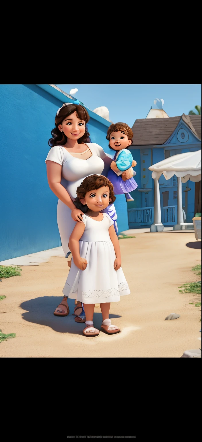 Disney pixar picture a chunky oversized mother with curled hair with a white tank top, chubby, smiling, mother is holding her toddler son , son is wearing a white dress up suit, little girl is in a white poofy dress smiling , mom and daughter are wearing sandals, daughter has a white bow, blue wall behind them