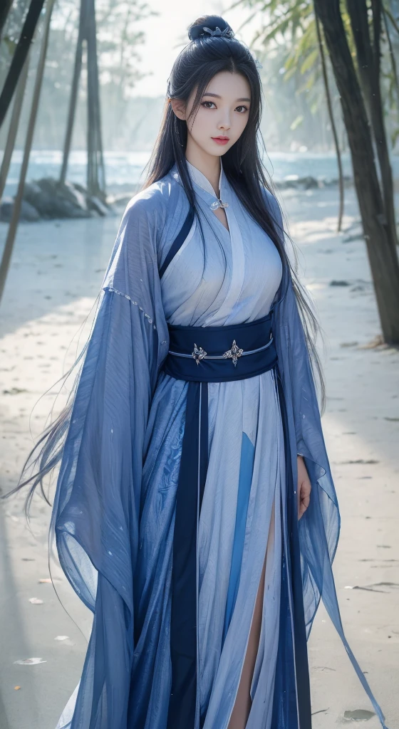 A 40-year-old woman in a blue dress stands on the beach, Digital painting inspired by blue eagle, cgsociety contest winner, Fantasyart, Queen of the Sea Mu Yanling, Dawn CG Association, beautiful fantasy empress, full body cgsociety, cgsociety 8k, cgsociety 8k, cgsociety 8k, cgsociety contest winner!!