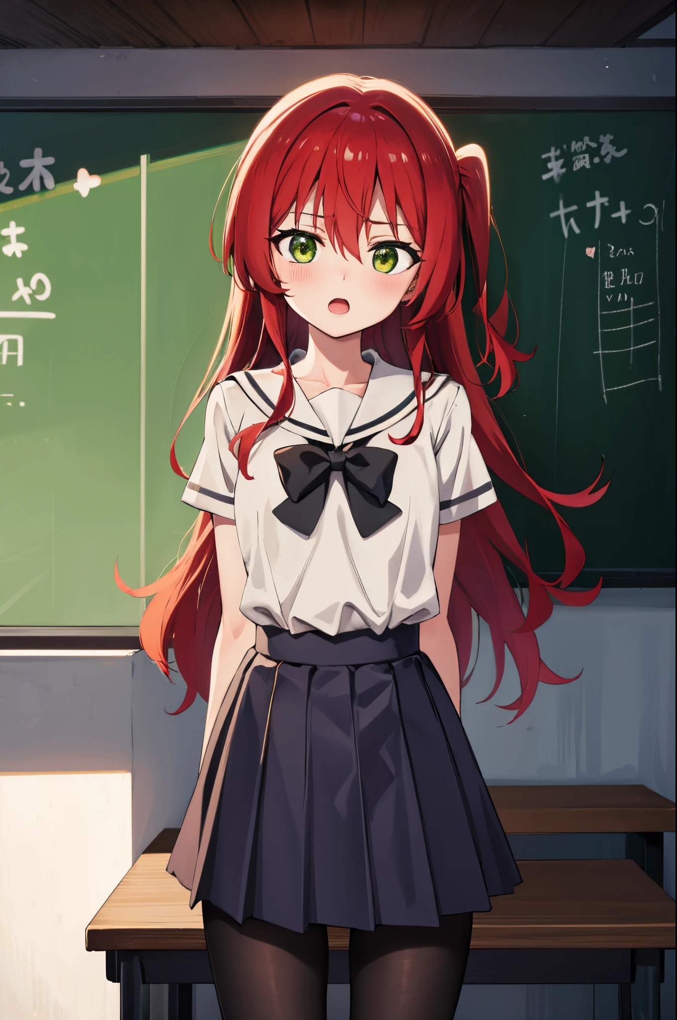 kitaikuyo, ikuyo kita, (green eyes:1.5), hair between eyes, long hair, one side up, red hair, (flat chest:1.2),
BREAK black footwear, black skirt, grey sailor collar, pleated skirt, sailor collar, school uniform, shoes, short sleeves, shuka high school uniform, skirt,,
BREAK looking at viewer,
BREAK indoors, classroom,
BREAK (masterpiece:1.2), best quality, high resolution, unity 8k wallpaper, (illustration:0.8), (beautiful detailed eyes:1.6), extremely detailed face, perfect lighting, extremely detailed CG, (perfect hands, perfect anatomy),up chest.big breasts.Sad face.open mouth.