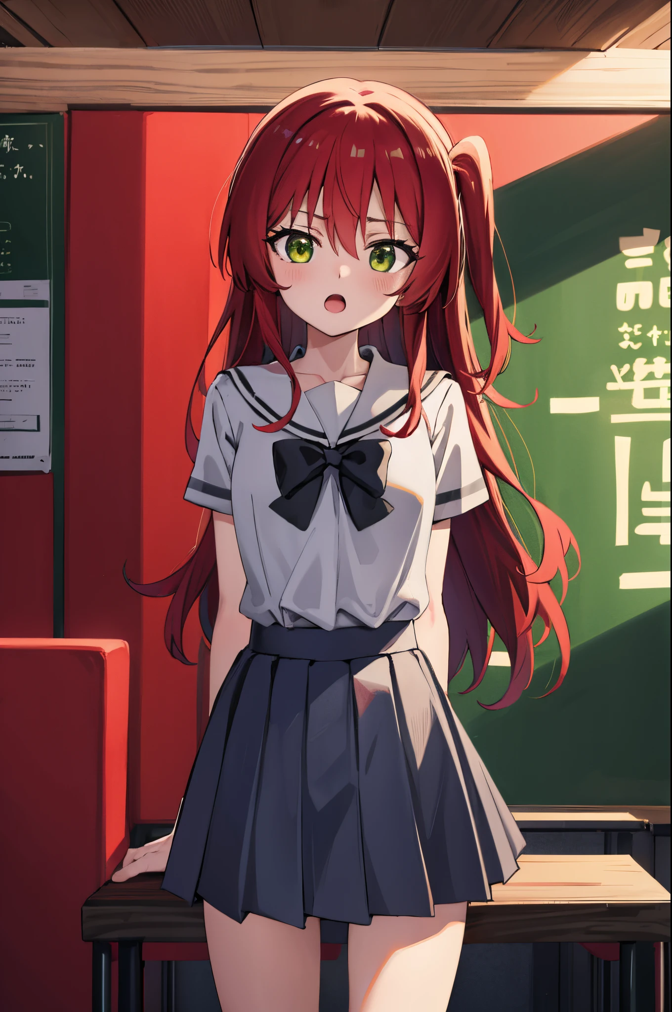 kitaikuyo, ikuyo kita, (green eyes:1.5), hair between eyes, long hair, one side up, red hair, (flat chest:1.2),
BREAK black footwear, black skirt, grey sailor collar, pleated skirt, sailor collar, school uniform, shoes, short sleeves, shuka high school uniform, skirt,,
BREAK looking at viewer,
BREAK indoors, classroom,
BREAK (masterpiece:1.2), best quality, high resolution, unity 8k wallpaper, (illustration:0.8), (beautiful detailed eyes:1.6), extremely detailed face, perfect lighting, extremely detailed CG, (perfect hands, perfect anatomy),up chest.big breasts.Sad face.open mouth.