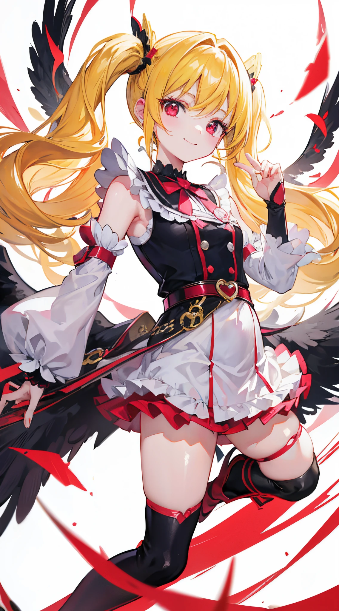Precure、Blonde twintails、Red Eyes、A smile、Black wings、knee sox、garterbelts、full-body view