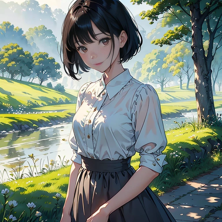 (Watercolor in Sargent style)、(top-quality、​masterpiece)、Soft light、Bibury landscape painted on a foggy morning、、Create an ethereal scene in a calm morning misty meadow。Draw delicate and blurry brushwork、Capture the elusive nature of fog、Enhance the serene atmosphere of the countryside、place々flower bloom、(One lady)、、Woman with dark hair、Short black hair、美丽的面容、kindly smile、tiny chest、Dark brown shorthair、White blouses、校服、medieval clothing、long  skirt、