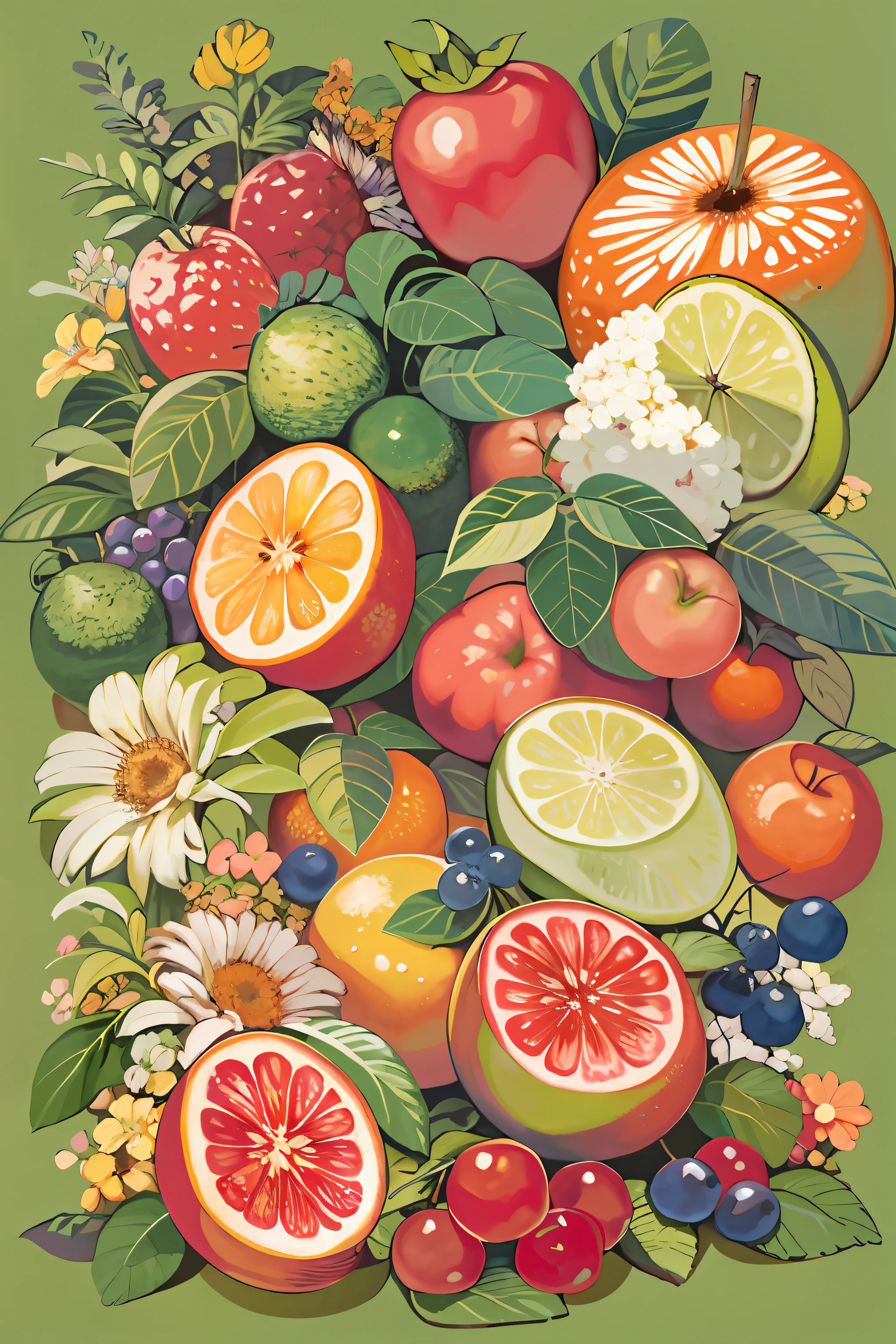 There is a painting of a bunch of fruits on the table, fruit and flowers, full-colour illustration, author：John Wernachot, made of fruit and flowers, made of flowers and fruit, Fruits, full of colour w 1024, full color digital illustration, author：Richard Mayhew, offcial art, in gouache detailed paintings, courful illustration