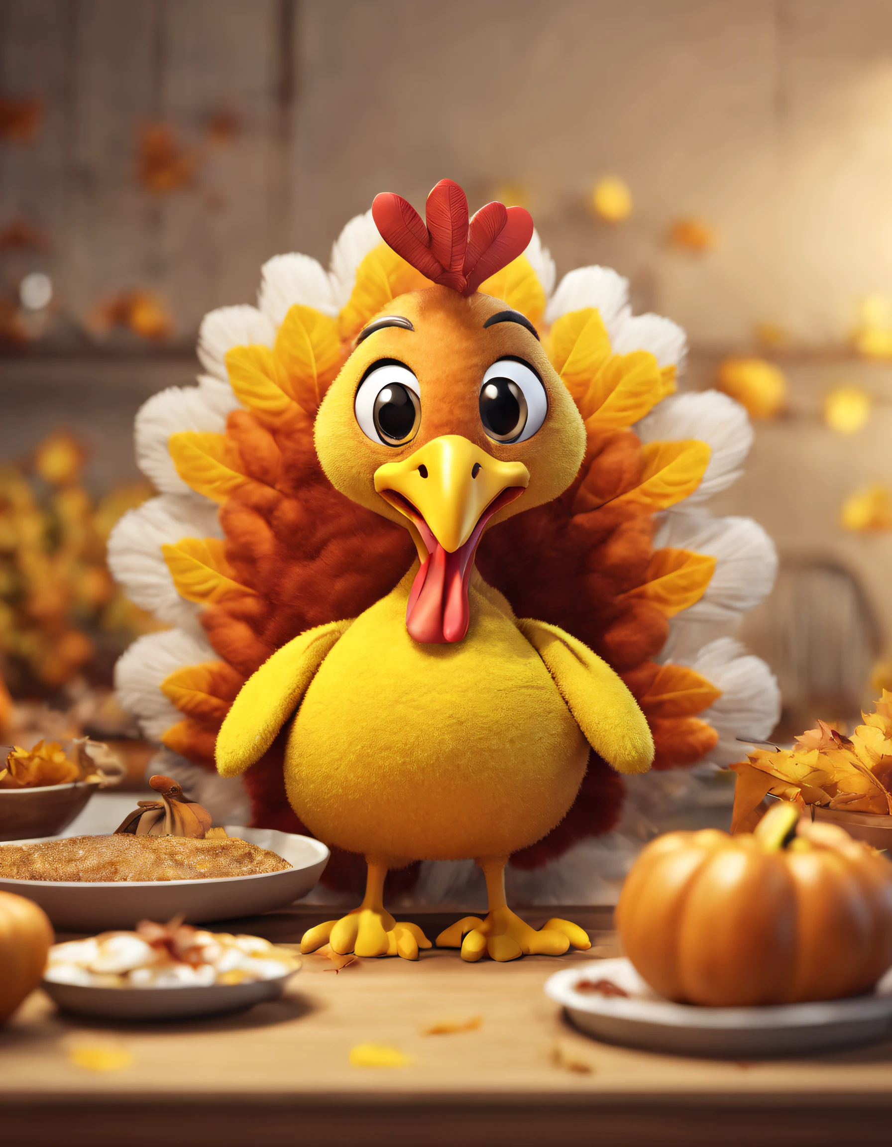 thanksgiving creative poster,Mark the letters "Thanksgiving Day",Cute turkey wearing yellow sweater, a 3D render, Focus sharp, ultra-realistic realism, Fluffy, Unreal Engine 5 quality rendering, a 3D render, furry art,