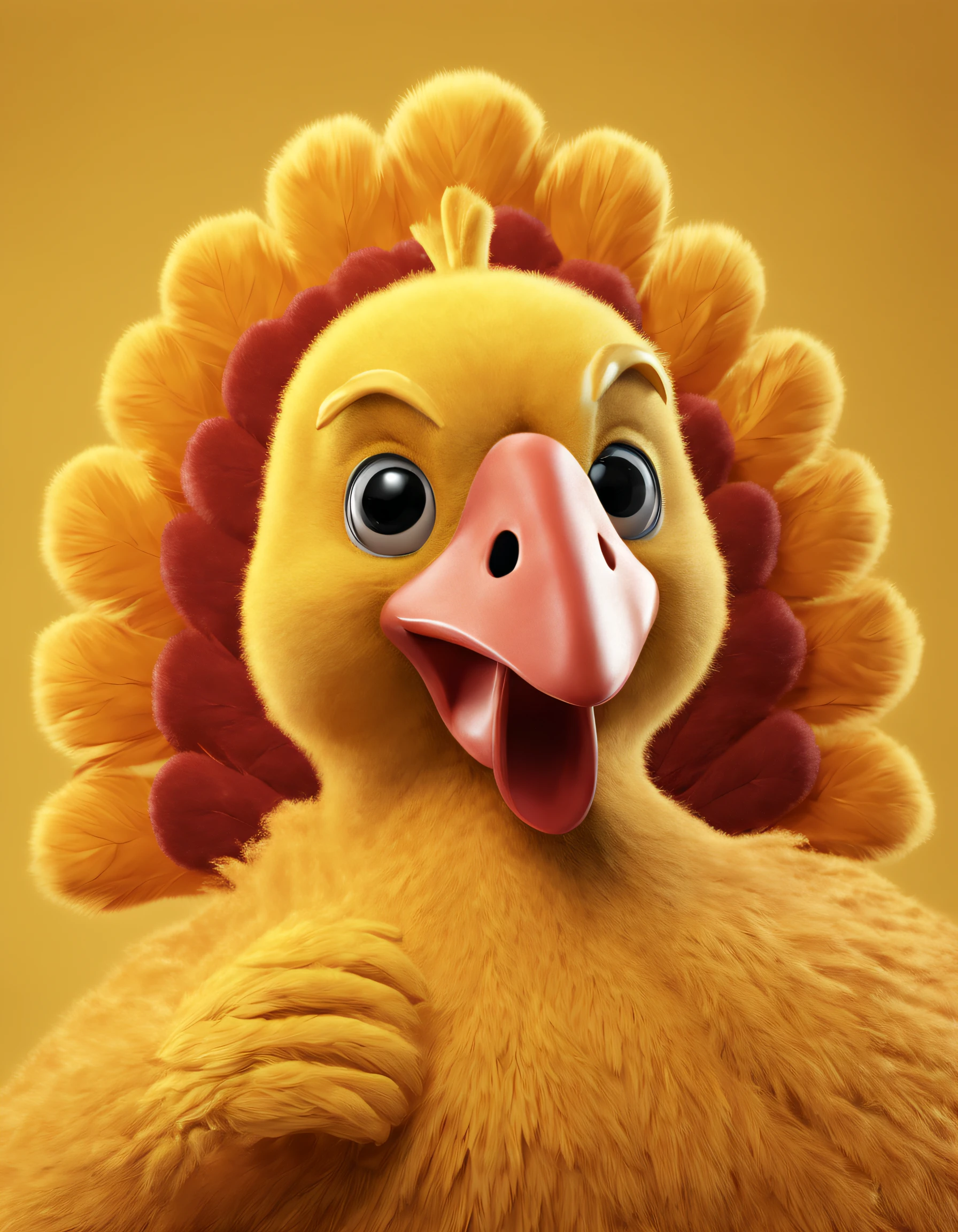 thanksgiving creative poster,Mark the letters "Thanksgiving Day",Cute turkey wearing yellow sweater, a 3D render, Focus sharp, ultra-realistic realism, Fluffy, Unreal Engine 5 quality rendering, a 3D render, furry art,