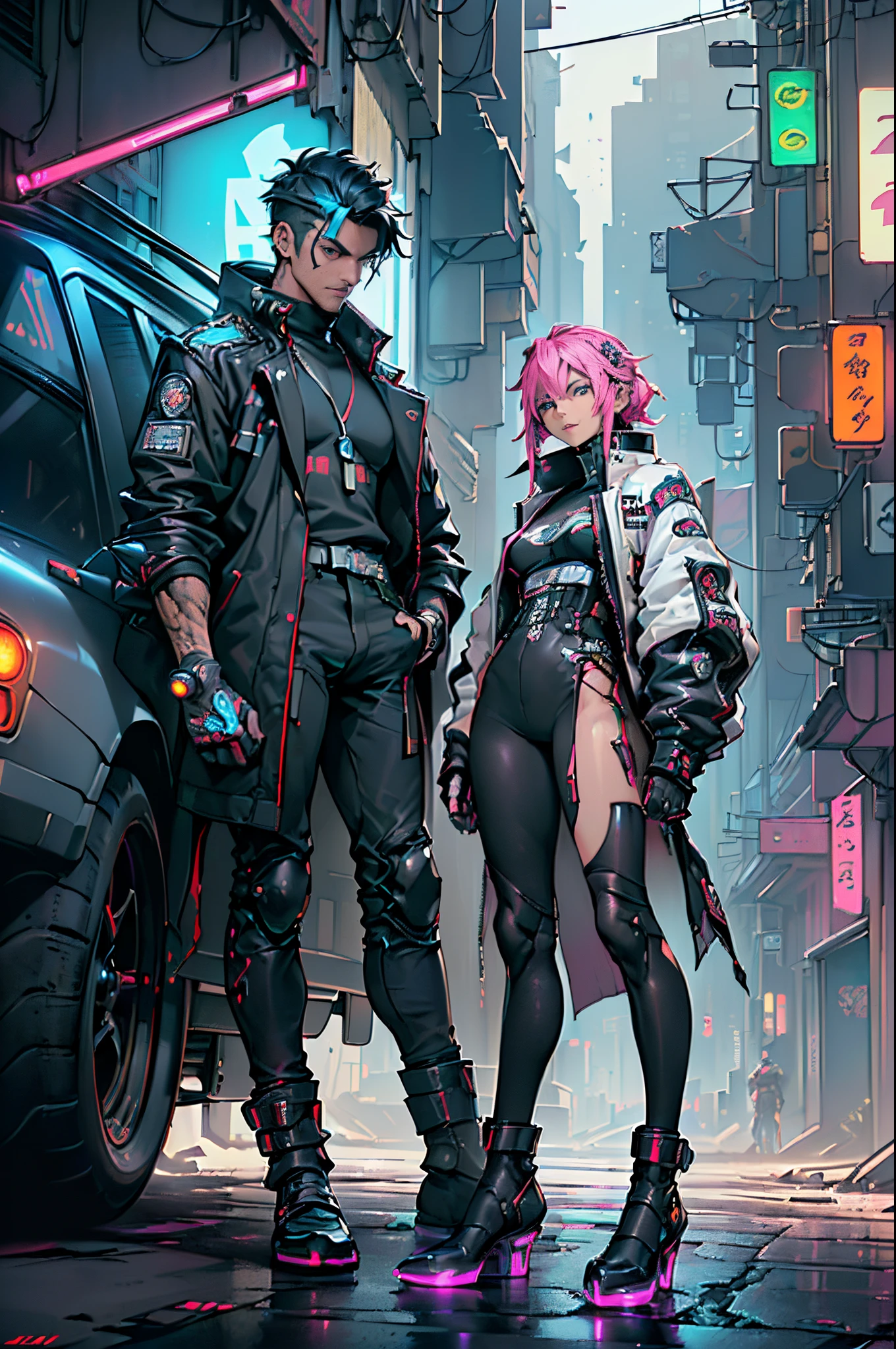 （(His works have won many awards, With incredible details, textures and maximum detail，(フォトリアリスティック))）, ((Photo of 2 people depicted in a cyberpunk style，There was a man and a woman，dressed in：Harajuku style fashion，(Mechanical tissue left arm with LED light（Riel Mecha），Mechanical tissue left leg with LED light（Riel Mecha）)，Smile in front of the camera， ((Sitting on the LunarPunkAI sports car)),， ((Climb aboard a cyberpunk motorcycle)), ((Standing in front of the LunarPunkAI sports car)), (((LunarPunkAI sports car)))，(((Correct ratio of people to vehicles：1.6)))，Bold colors and patterns, eye-catching accessories, Stylish and innovative hairstyle，Choose and dye your hair color，))，（(Handsome young boy，))，((tall, shapely man))，((Muscular middle-aged man))，（(Teenage girl，girl，((Slim sexy girl：1.6))，(mediuml breasts)，(lovely small breasts)，))， (Full-body image：1.1)，(((all of them： (best quality real texture skin), ((five perfect and beautiful fingers)), (Anatomically correct limbs and physique:1.5), (Anatomically correct perspective and occlusion：1.5)，(Gender characteristics are very obvious：1.5)，(Exquisite, round and symmetrical eyes), (correct faces), ((A detailed的the face：1.6)), ))），((Background with：bedazzled，cyberpunk city landscape, skyscrapper, (neonlight), (LED lights)，))， (Complicated details:1.1), the complex background))， ((Bright and vivid color scheme：1.7))，((dynamic viewing angle+dynamic combination))，Young men and women，city night，001