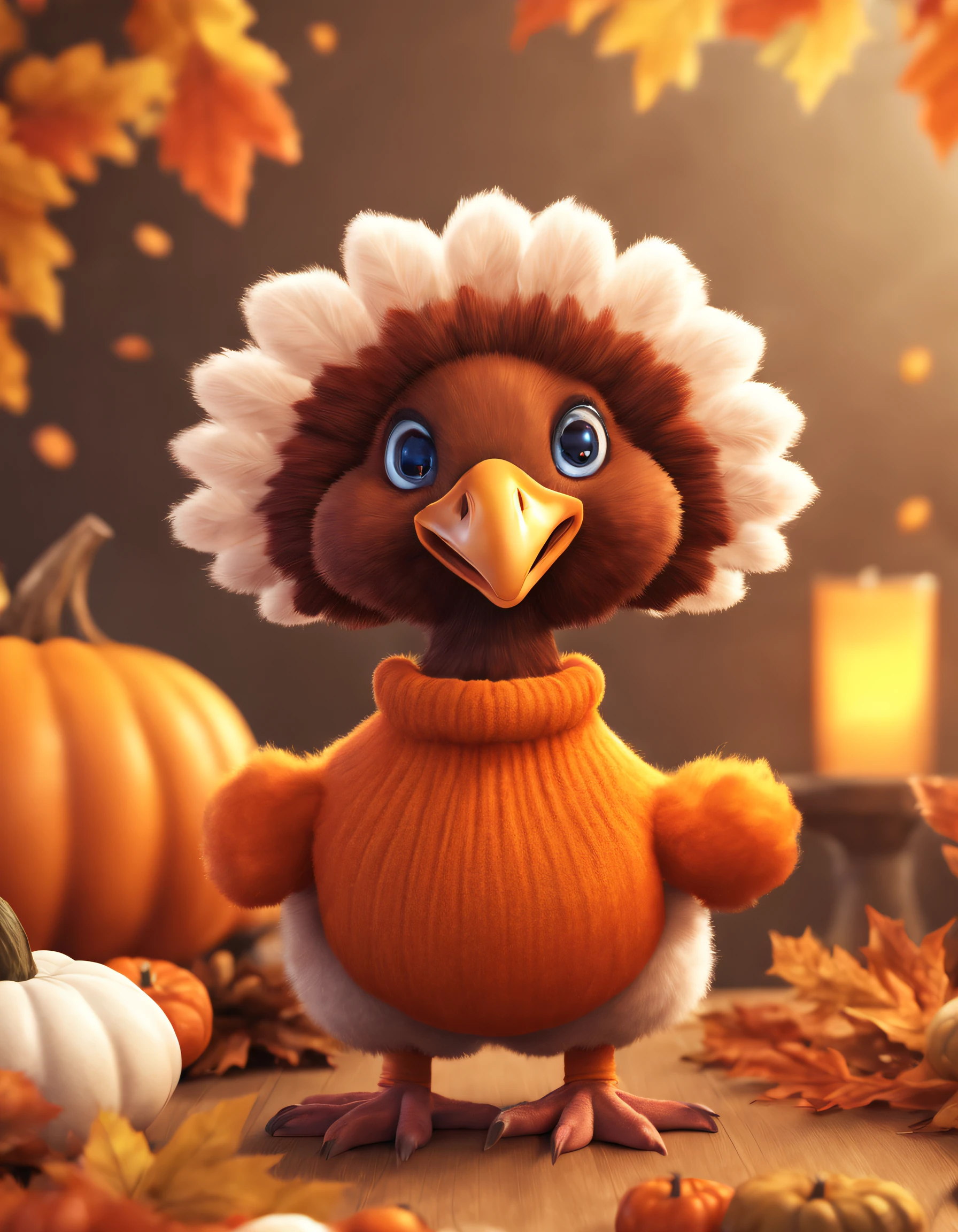 thanksgiving creative poster,Thanksgiving Day,Cute turkey wearing orange sweater full body, a 3D render, Focus sharp, ultra-realistic realism, Fluffy, Unreal Engine 5 quality rendering, a 3D render, furry art,