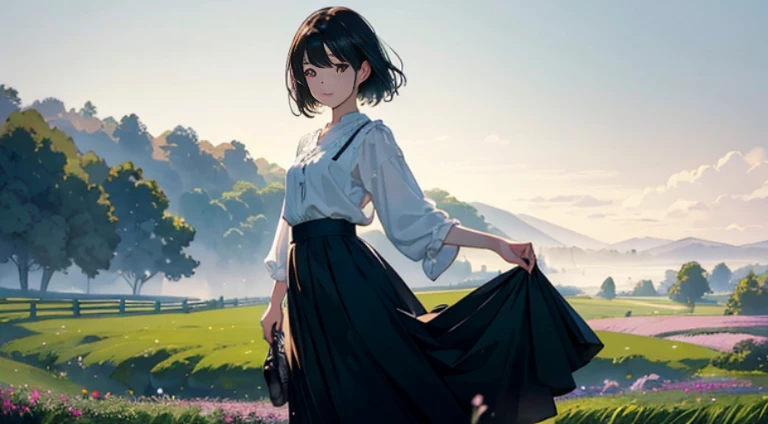 (Watercolor in Sargent style)、(top-quality、masterpiece)、Soft light、Bibury landscape painted on a foggy morning、、Create an ethereal scene in a calm morning misty meadow。Draw delicate and blurry brushwork、Capture the elusive nature of fog、Enhance the serene atmosphere of the countryside、place々flower bloom、(One lady)、、Woman with dark hair、Short black hair、美丽的面容、kindly smile、tiny chest、Dark brown shorthair、White blouses、校服、medieval clothing、long skirt、