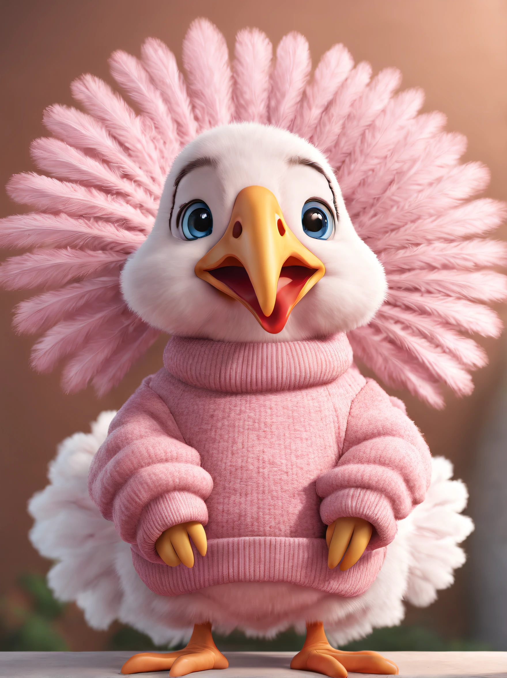 Full body of cute turkey wearing pink sweater, a 3D render, Focus sharp, ultra-realistic realism, Fluffy, Unreal Engine 5 quality rendering, a 3D render, furry art,