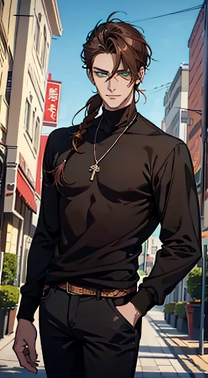 (( tall man, young_adult_face)), (glowing green eyes), masterpiece, superb quality, sharp eyes, piercing eyes, smirking,  smirk, wicked smile, portrait, gradient ((dark brown hair)), shaggy hair, ((rattail hair)), (shiny tan skin), darkbrown_hair, solo, outdoors, ❤ love, handsome anime boy, 1 man, wearing black skinny jeans, wearing brown sweater, head tilted, ((face front)),