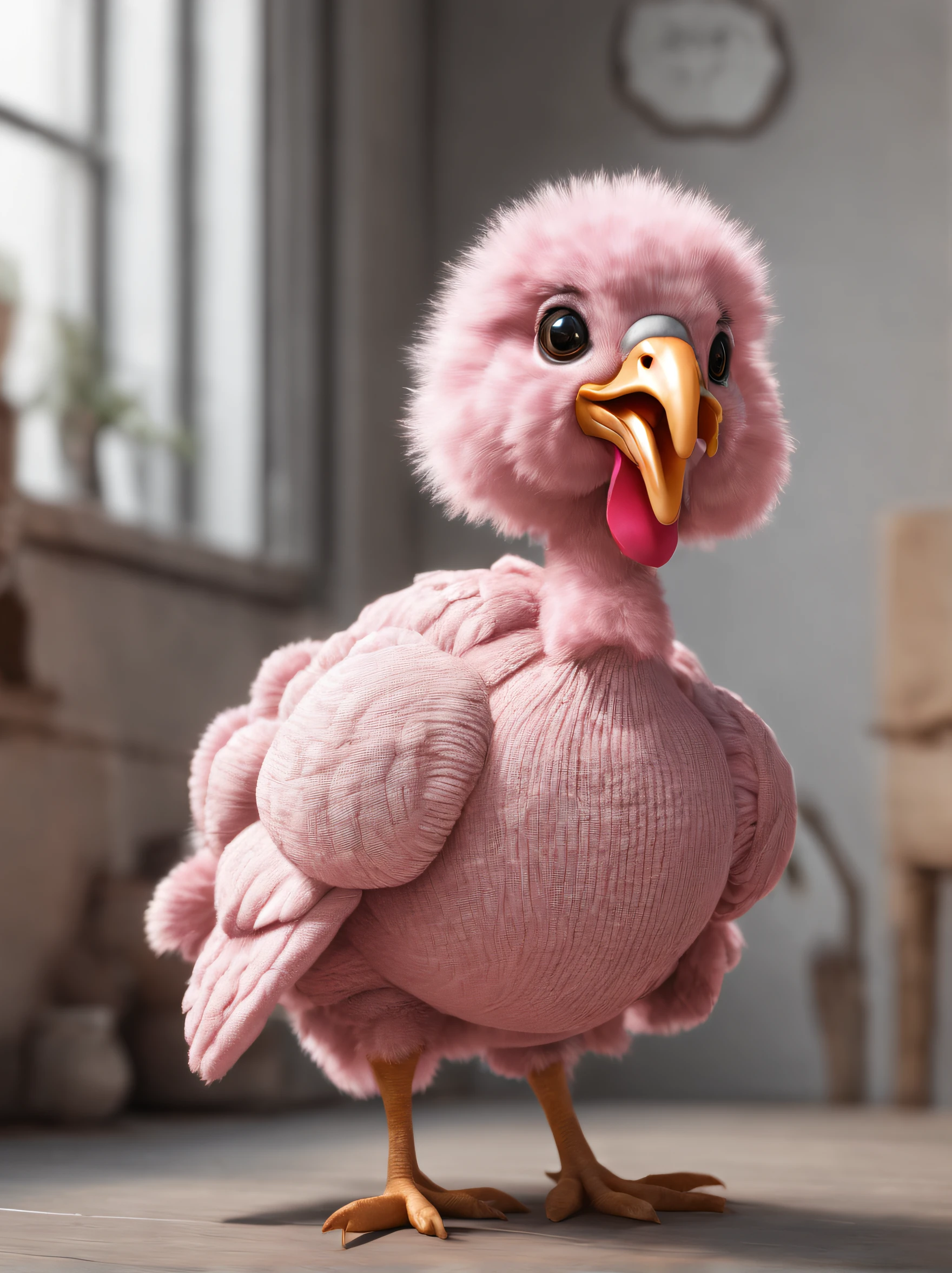 Full body of cute turkey wearing pink sweater， a 3D render, Focus sharp, ultra-realistic realism, Fluffy, Unreal Engine 5 quality rendering, a 3D render, furry art,