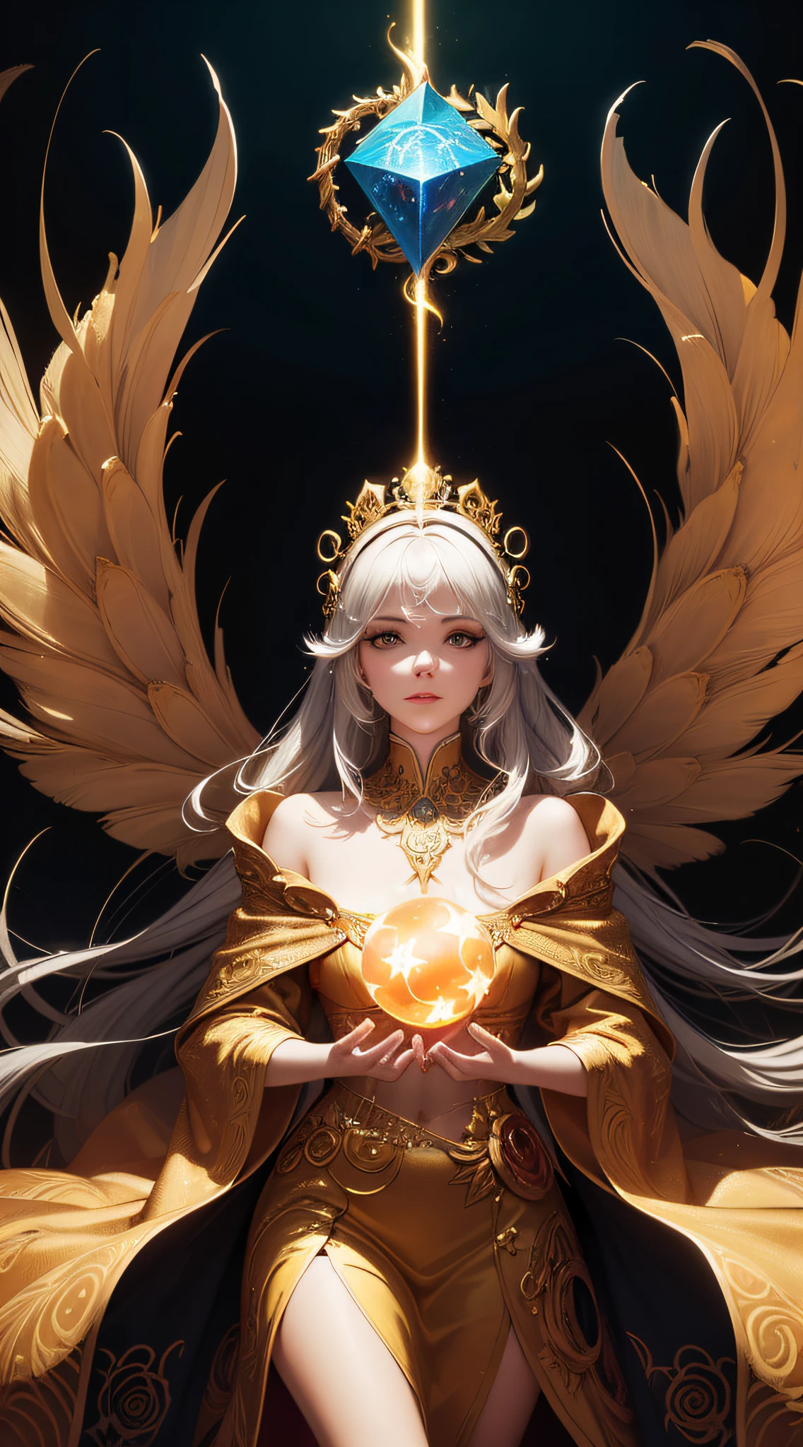 beautiful detailed golden halo,8 golden spheres surrounding the halo,each sphere represents a superpower emotion,highly detailed fantasy digital art,cinematic lighting,vibrant colors,intricate design,masterpiece,8k,photorealistic