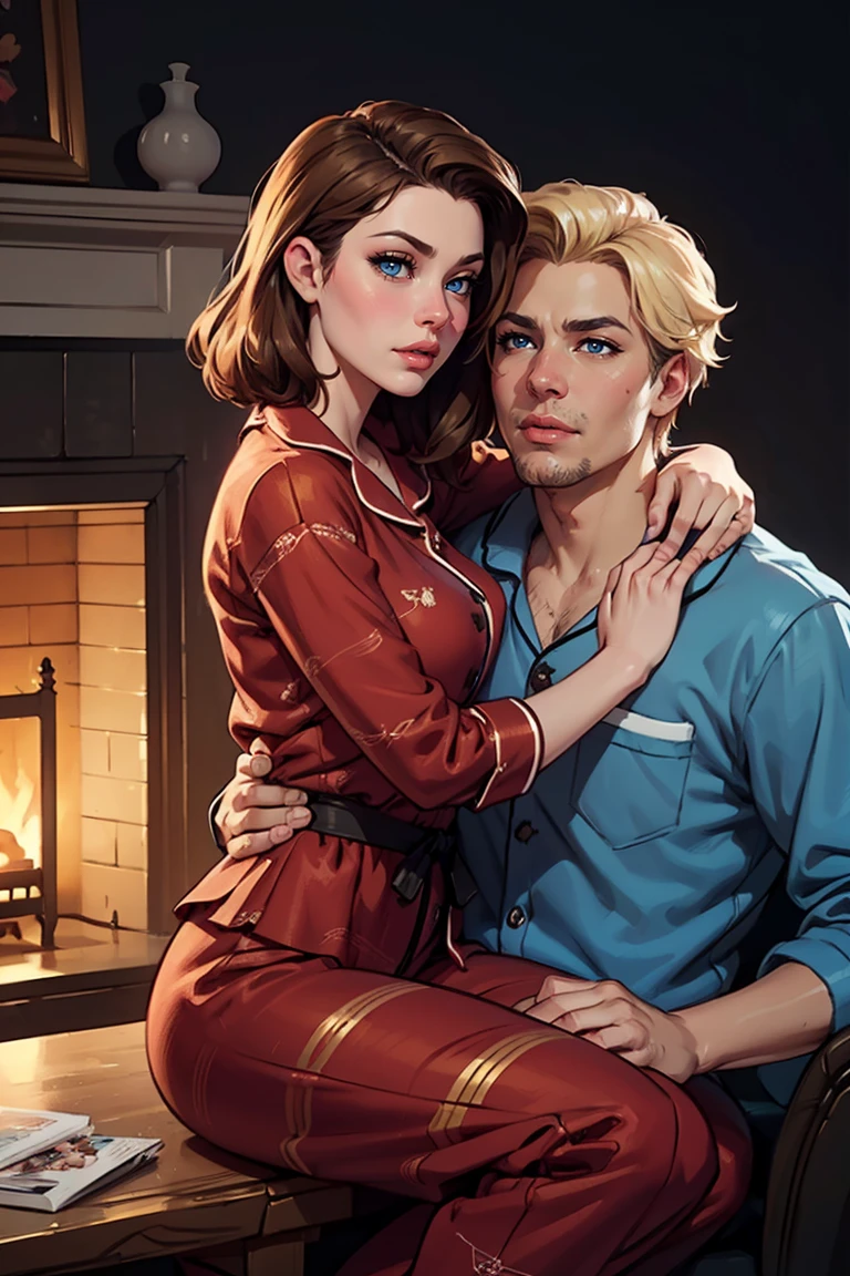 ((A couple in love)), ((woman with long brown hair, blue eyes dressed in pajams)), sitting by a fireplace with ((man with short blonde hair dressed in pajamas)), (((snuggle))),  hair with many details, 8k artgerm bokeh, fanart best artstation, render photorealistic,  guweiz-style art, inspired by WLOP, ig model | artgerm, detailed waist up portrait, stunning wais t up portrait of realistic face, beautiful waist up portrait, deviantart artstation cgscosiety, cinematic realistic portrait, high quality portrait, elegant digital painting, photorealistic artstyle, ((dimly lit living background))