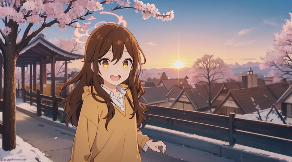 1girl, brown hair, smiling, orange yellow eyes, yellow circular halo, uniform, outside, winter morning, sunrise, cherry blossoms, sakura trees, sakura, beauty open mouth, open teeth, Hori Kyouko, long hair, open collar, gray skirt, casual, winter night, white polo, one closed eye, cool, vivid, 1 girl, open button, pink, Japan, school uniform