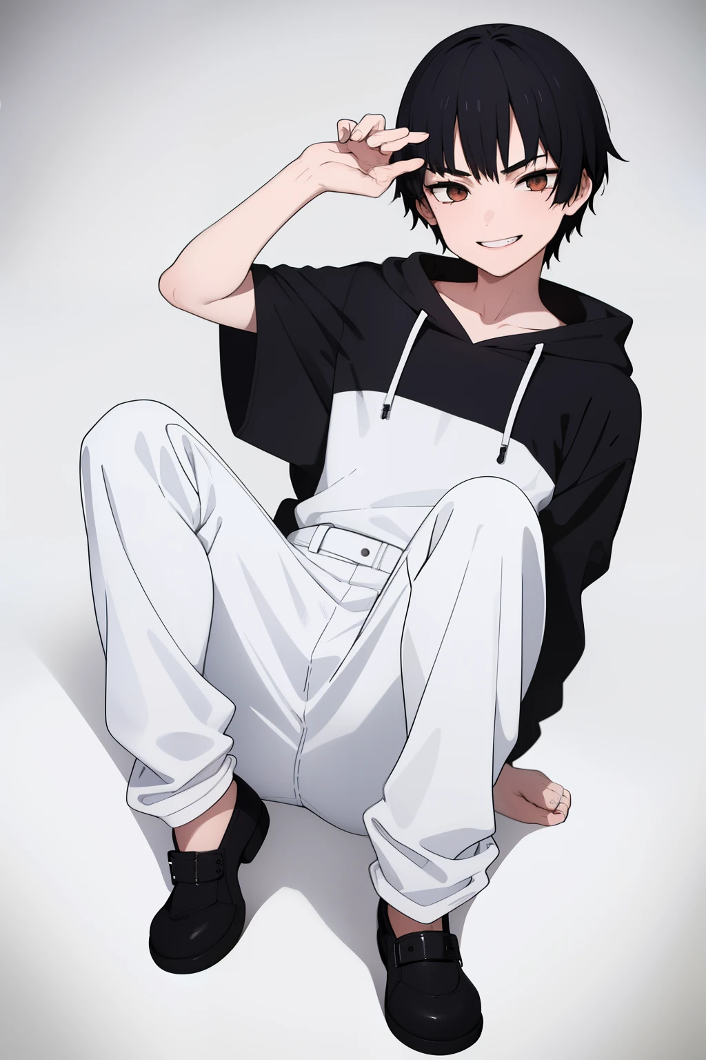 cute boy, teenage boy, a wicked smile, black hair, beautiful round white eyes, his upper half is naked. full body, He was born fifteen years old, White eyes,, Wide trousers, black wide pants, The upper half is naked, the boy's eyes are white, Little boy, Naked body, The boy is standing, White skin,Iron hands, Fire in his hand, An iron rectangle with numbers on the boy's chest, Small ass, black hoodie, Short boy