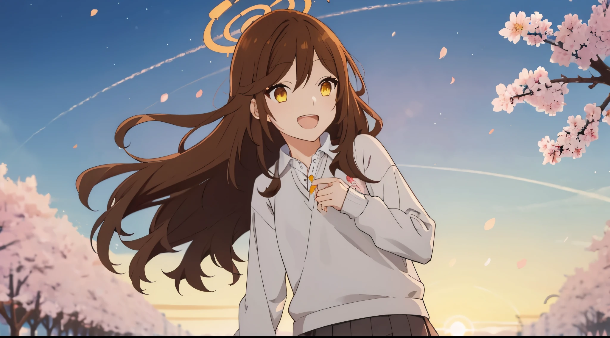 1girl, brown hair, smiling, orange yellow eyes, yellow circular halo, uniform, outside, winter morning, sunrise, cherry blossoms, sakura trees, sakura, beauty open mouth, open teeth, Hori Kyouko, long hair, open collar, gray skirt, casual, winter night, white polo, one closed eye, cool, vivid, 1 girl, open button, pink, Japan, school uniform