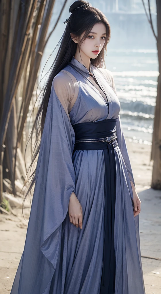 A woman in a blue dress standing on the beach, Digital painting inspired by blue eagle, cgsociety contest winner, Fantasyart, Queen of the Sea Mu Yanling, Dawn CG Association, beautiful fantasy empress, full body cgsociety, cgsociety 8k, cgsociety 8k, cgsociety 8k, cgsociety contest winner!!