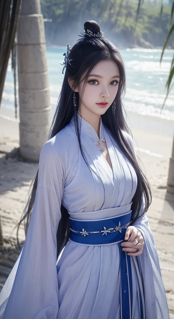 A woman in a blue dress standing on the beach, Digital painting inspired by blue eagle, cgsociety contest winner, Fantasyart, Queen of the Sea Mu Yanling, Dawn CG Association, beautiful fantasy empress, full body cgsociety, cgsociety 8k, cgsociety 8k, cgsociety 8k, cgsociety contest winner!!