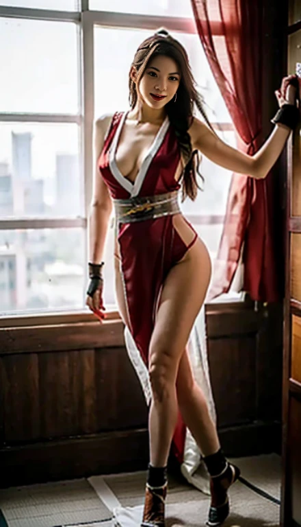 mai shiranui, Brown eyes, The whole body is reflected,Toes are visible, Standing, Full body, Prestige, Long hair, Brown hair, White ribbon, Sleeveless, poneyTail, sash, pelvis curtain, arm guards, mitts, tabi, fascinated expression, Sexy eyes, medium breasts, Smile, Cute, view the viewer, Long hair, Close to Japan temple, (breasts focus:1.2), (Realistic:1.2), (Full Shot: 1.2), (Realism), (masutepiece:1.2), (Best Quality), (ultra-detailliert), (8K, 4K, Convoluted), (85 mm), light Particle, Lighting, (Highly detailed:1.2), (Detailed face:1.2), (gradients), SFV, Colorful, (Detailed eyes:1.2), (Detailed temples of Japan: 1.2),(Detailed background), (Dynamic Angle:1.2), (Dynamic Pose:1.2), (Line of action:1.2), Wide Shot, Daylight, Solo.