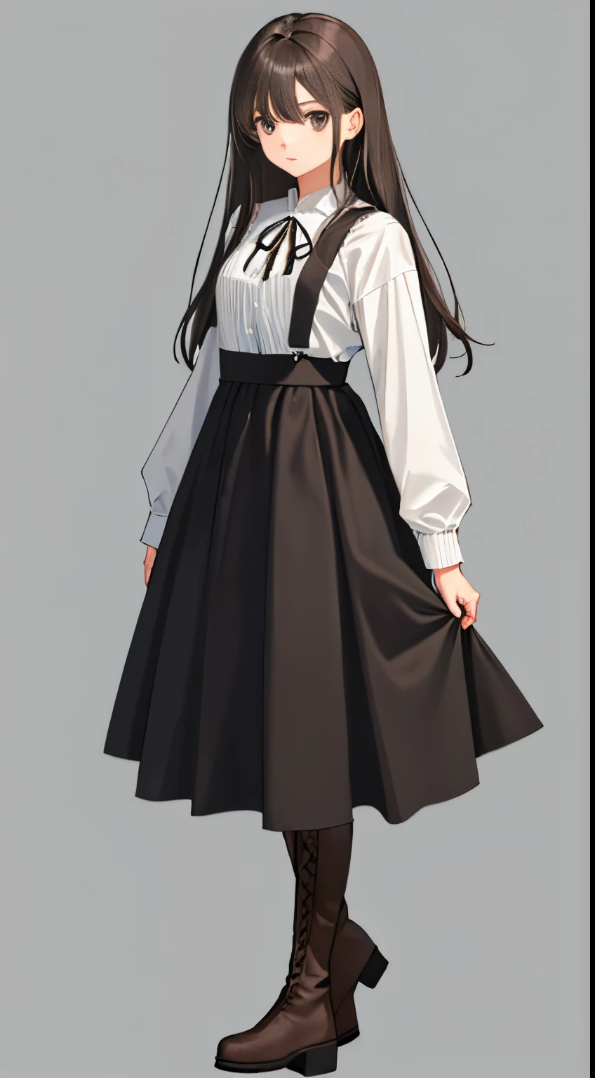(1girl in), Adult, (interview), (Simple background),Beautiful eyes,Gray eyes Delicate beautiful face,A dark-haired,Longhaire, fluffy hair, Gray background,From head to foot,Plain clothe,Stylish,Calm,is standing,long  skirt,Brown skirt、long boots