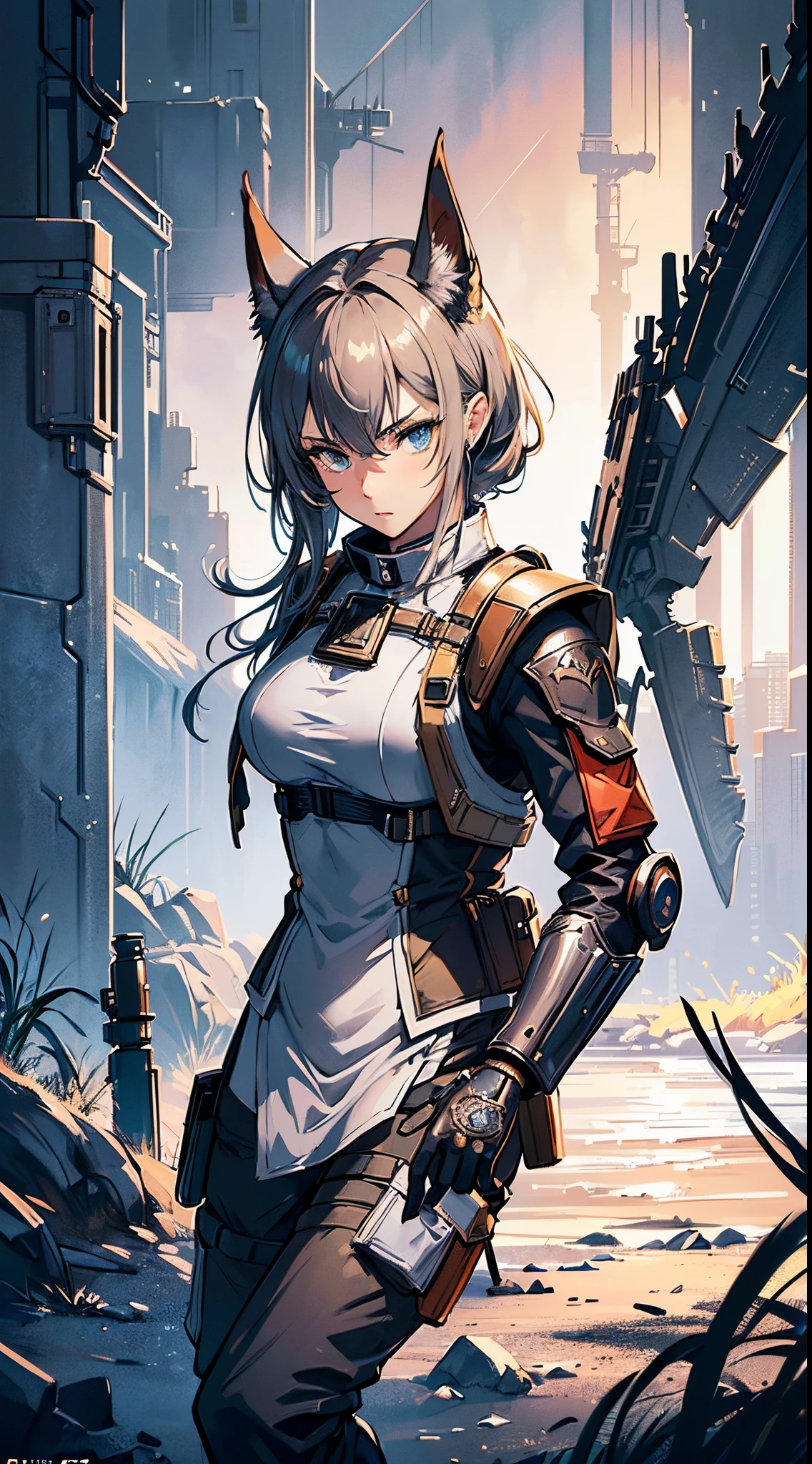 masterpiece, high quality, character concept art, (detailed face, detailed eyes, detailed body:1.5), 1man, ARKNIGHTS, sci-fi knights, anthro animals battle androids, (wearing sexy elegant future outfit uniform with straps and accessories, cargo pants, military vest), holding weapon, action pose, battle damage