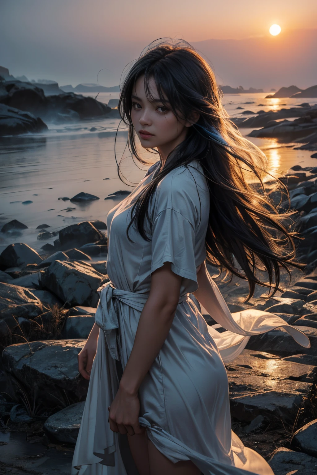 (1girl:1.2), wabstyle, glowing, (fog,:1.2) (mist:1.2), smoke, girl composed of white light, girl composed of black smoke, fire, sun,
, small breasts, long hair, solo, (photorealistic:1.4), cowboy shot, motion blur,
,sexy,
,blue fire, frie rain,
Long hair fluttering in the wind,
loong,wave,( realistic, perfect exposure:1.1)
mist covered,,