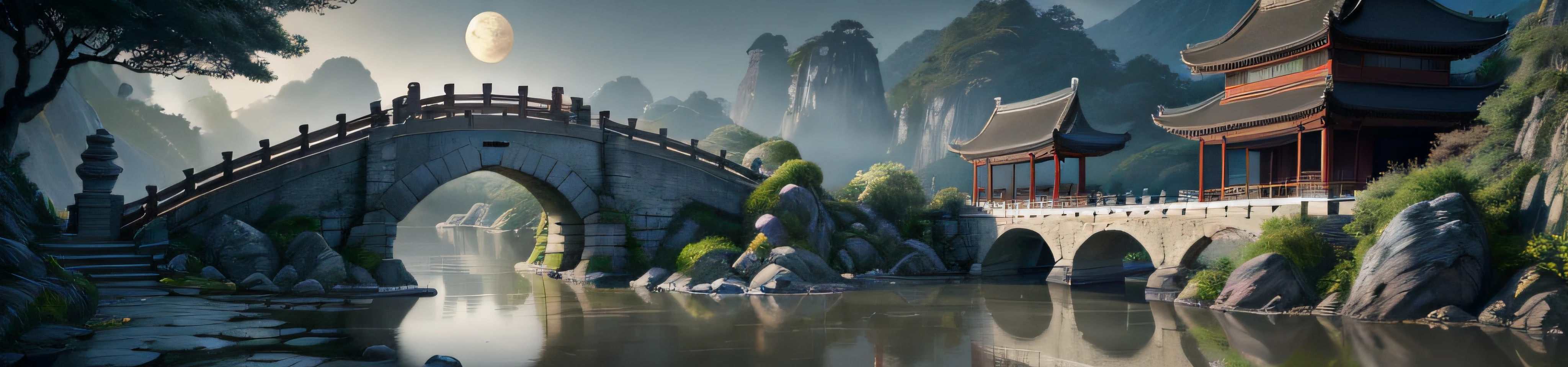 9:16 Full picture, ancient Chinese architecture, hazy moon, night, garden, bamboo, lake, stone bridge, rockery, arch, corner, rockery, tree, running water, landscape, outdoor, waterfall, grass, rock, water lily, hot spring , Water Vapor, (Illustration: 1.0), Epic Composition, Detail Enhancement, Detail Enhancement. Realistic lighting, HD details, masterpiece, best quality, (very detailed CG unity 8k wallpaper), (best quality)