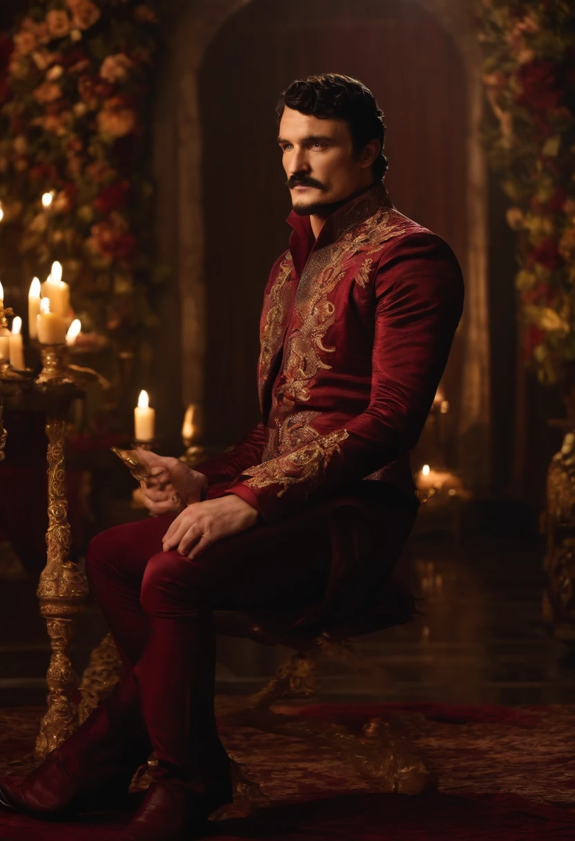 A photo of Oberyn at a glamorous masquerade ball, surrounded by opulent decorations and mysterious masks,Game of Thrones TV series,Oberyn is a tall man with black hair and a beard, famously portrayed by Pedro Pascal