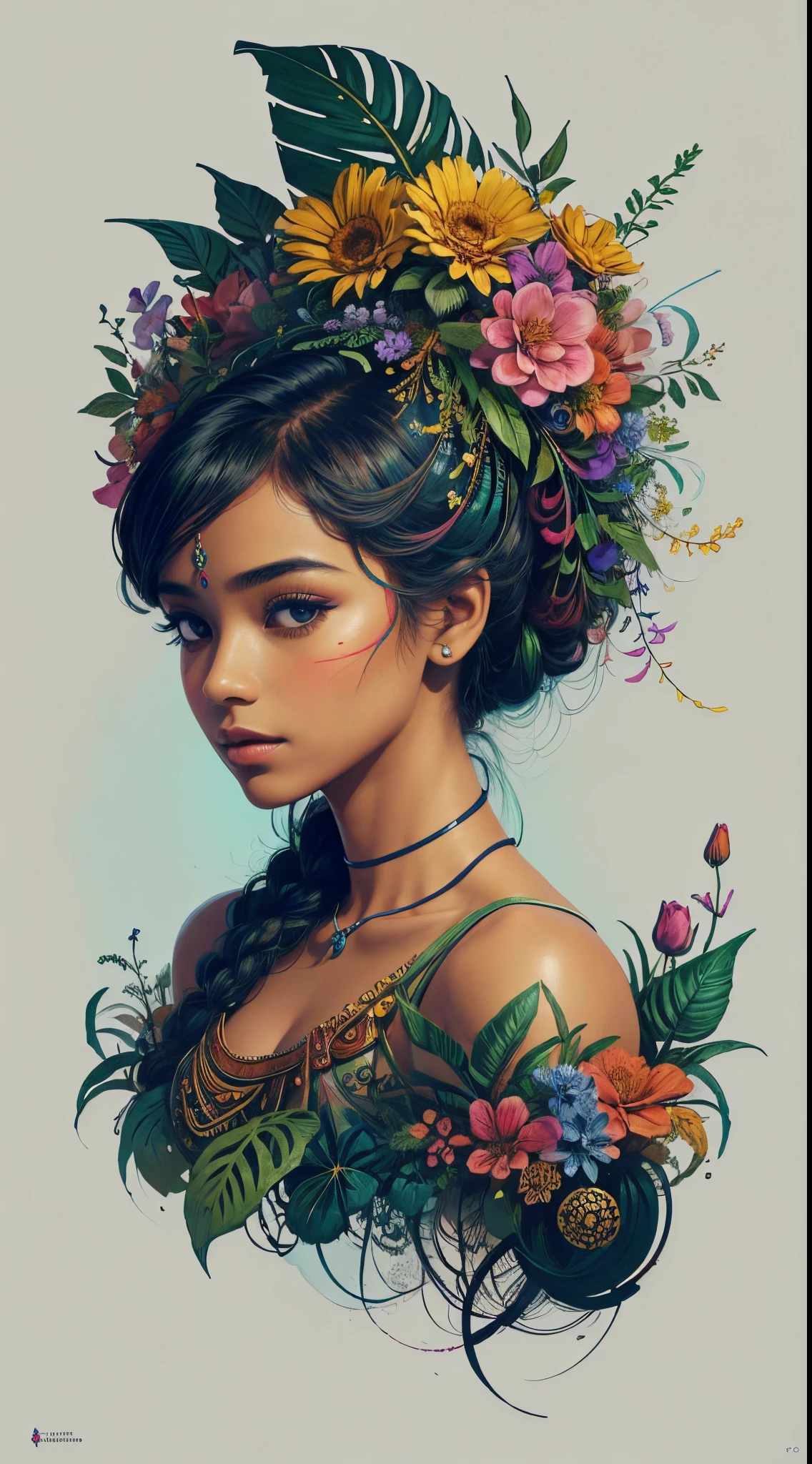 The image showcases a breathtaking and stunningly beautiful East Indian girl whose body is fused with flowers and foliage, vibrant color, in the style of a high resolution pen and ink sketch, isographic portrait, hard edges, high quality, minimalist art, uhd, 4K, 8K