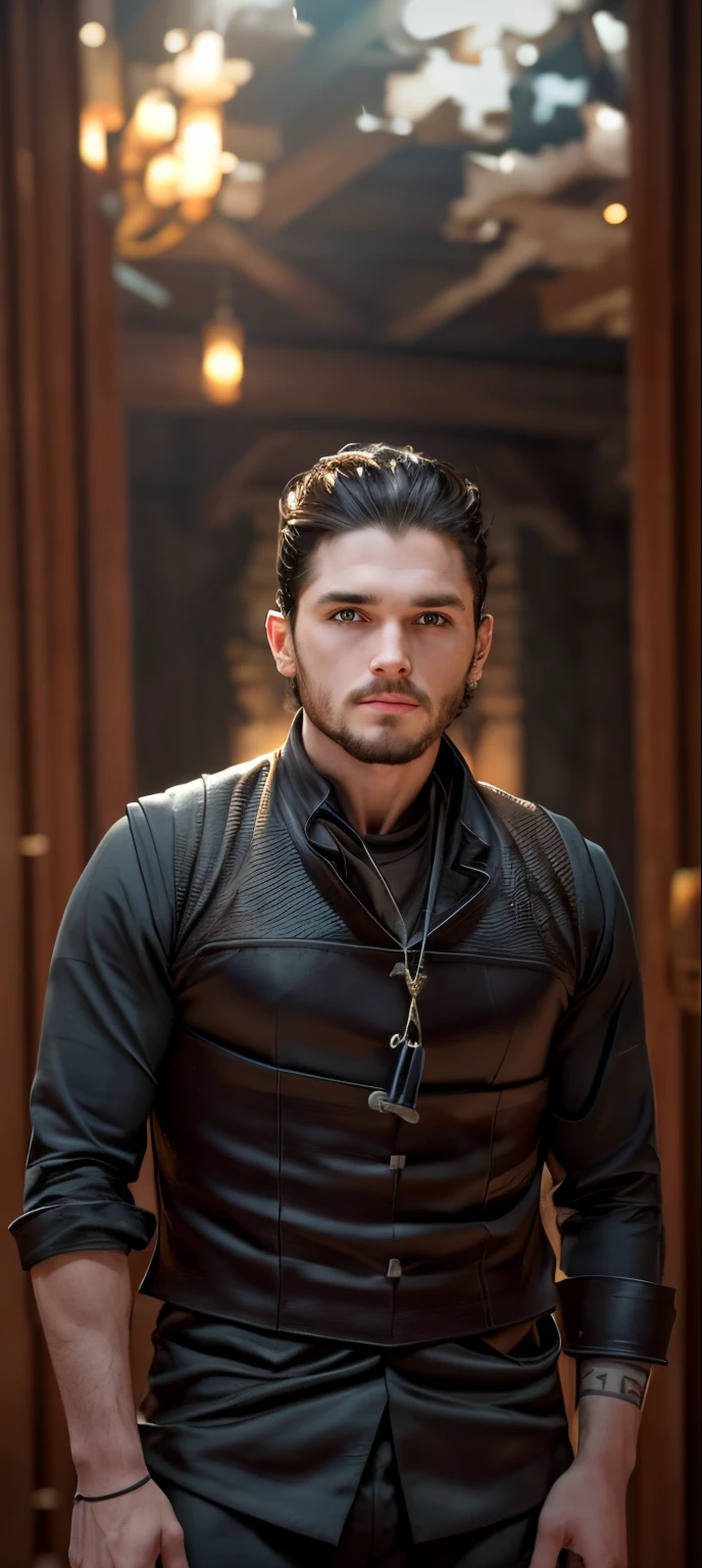 hightquality、hight resolution、​masterpiece、foco nítido、photographrealistic、Raw photography、bustshot、lighting like a movie、Detailed skin texture、Detailed fabric texture、beautifull detailed face、Detailed hand depiction、intricate-detail、ultra-detailliert、1male people、Kit Harrington、lean physique、tall、smirk grin、Focus from the  up、Jon Snow Costume、battle posture、Dynamic action、Look at viewers、The background is a room in a medieval castle