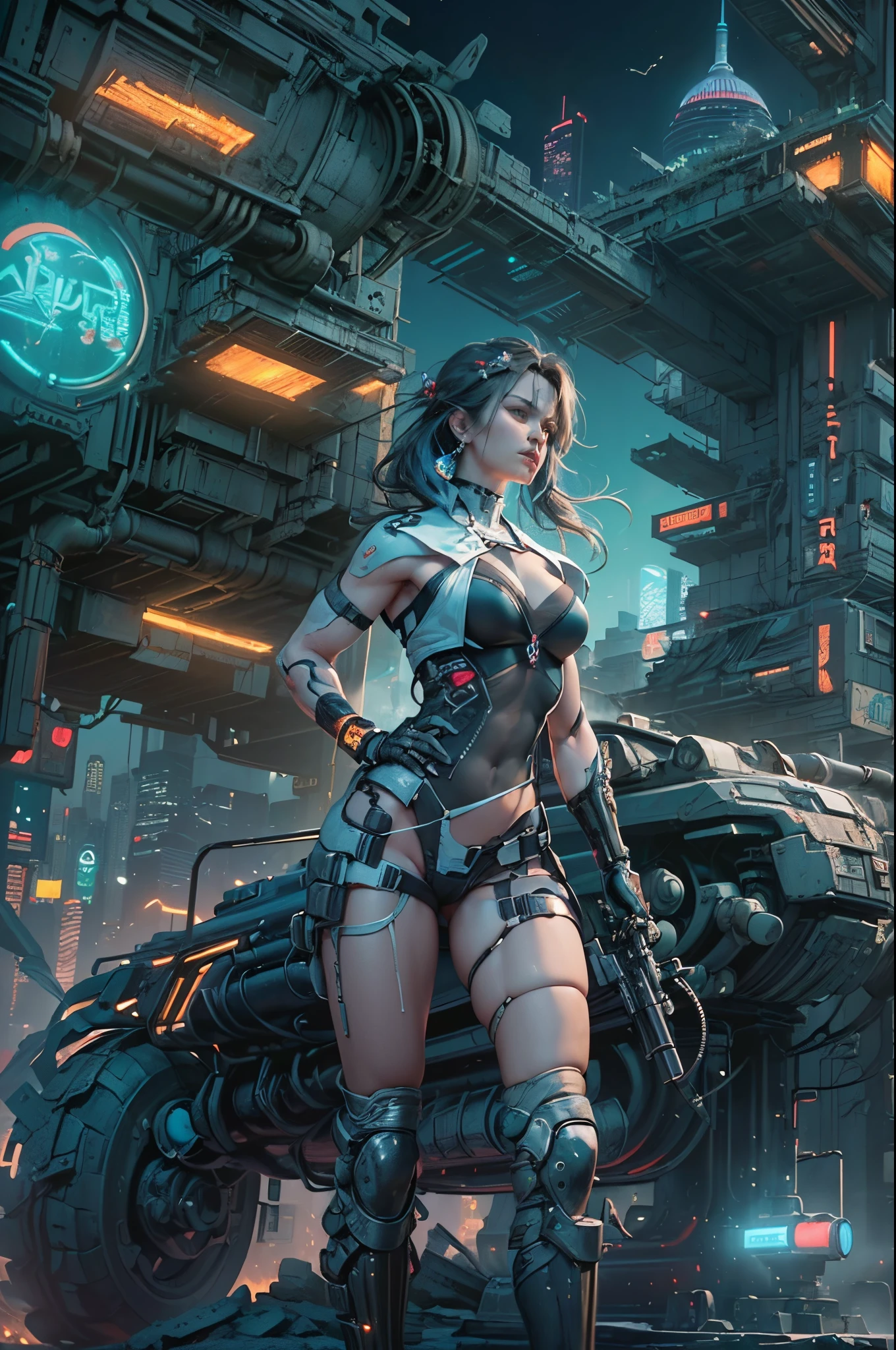 ((Multiple award-winning works, With incredible details, textures and maximum detail,(フォトリアリスティック))),(((Use cyberpunk style to depict a future war,Humanity's Holy War,))),early evening,The setting sun slopes to the west,A raid on robots is being secretly prepared,Who will win in the end??LunarPunkAI sports car,Human warriors,((Handsome young boy,)),((tall, shapely man)),((Muscular middle-aged man)),trench,Arsenal,lots of guns,heavy look, (Anatomically correct limbs and physique:1.5), (Anatomically correct perspective and occlusion:1.5),(Gender characteristics are very obvious:1.5),(correct faces), wide angles,((Add some scenes:city night,Desolate ruins,The huge full moon lights up the night sky,laser,bedazzled,cyberpunk city landscape, skyscrapper, (neonlight), (LED lights),)), (Complicated details:1.1), the complex background)), ((Bright and vivid color scheme:1.7)),((dynamic viewing angle+dynamic combination)),