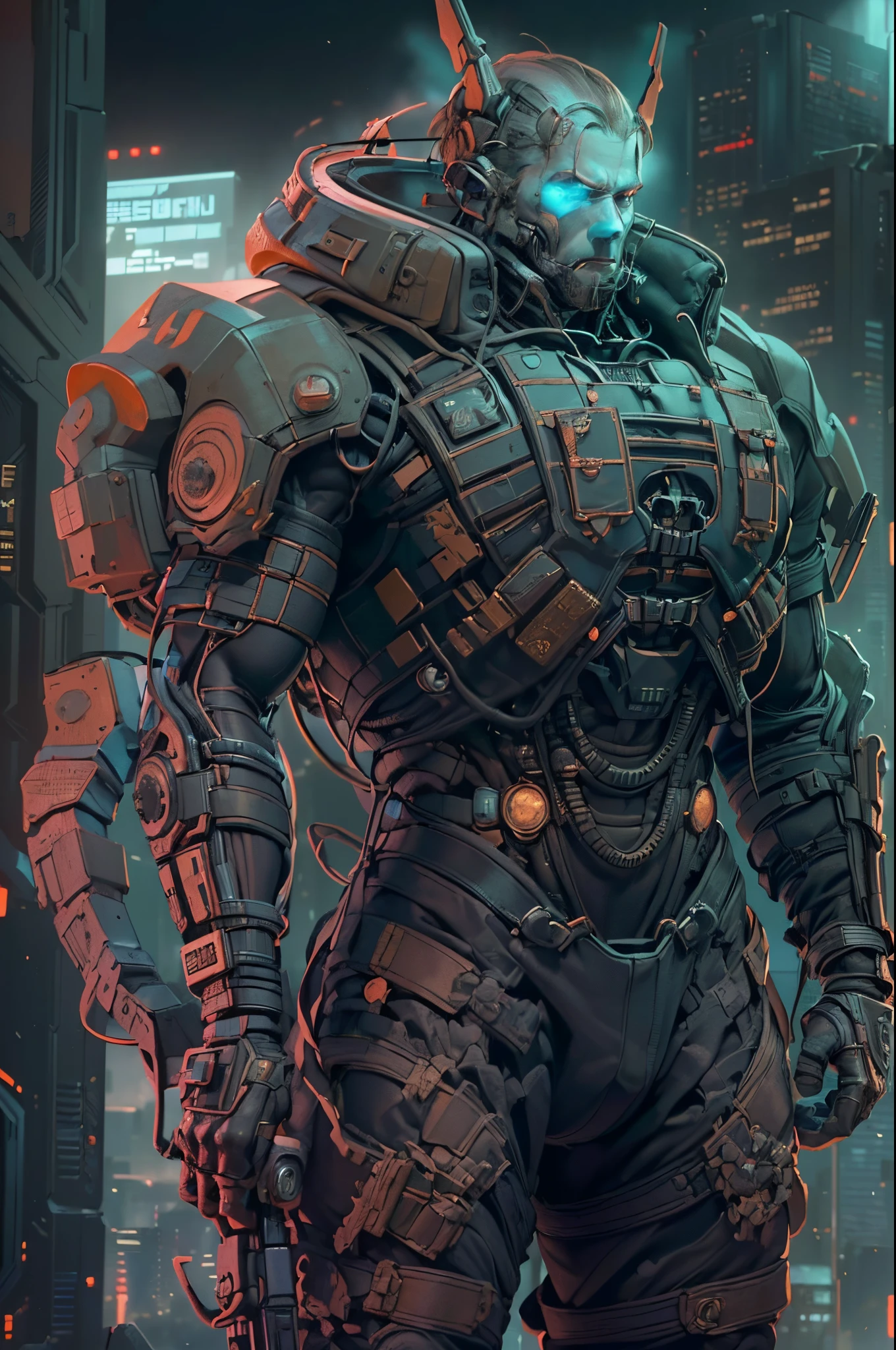 （(Multiple award-winning works, With incredible details, textures and maximum detail，(フォトリアリスティック))），(((Use cyberpunk style to depict a future war，Humanity&#39;s Holy War，)))，early evening，The setting sun slopes to the west，Lazy muscular heavy soldier yawning while standing next to LunarPunkAI sports car，in the shadows beside him，Hidden a reelmech girl，She is preparing to sneak attack the heavily armored soldiers。（(Handsome young boy，))，((Tall, well-proportioned middle-aged man))，heavy look， (Anatomically correct limbs and physique:1.5), (Anatomically correct perspective and occlusion：1.5)，(Gender characteristics are very obvious：1.5)，(correct faces), wide angles，(((Correct ratio of people to vehicles：1.6)))，((Add some scenes：trench，Arsenal，lots of guns，Moon Night，Huge full moon，bedazzled，cyberpunk city landscape, skyscrapper, ))， (Complicated details:1.1), the complex background))， ((Bright and vivid color scheme：1.7))，((dynamic viewing angle+dynamic combination))，