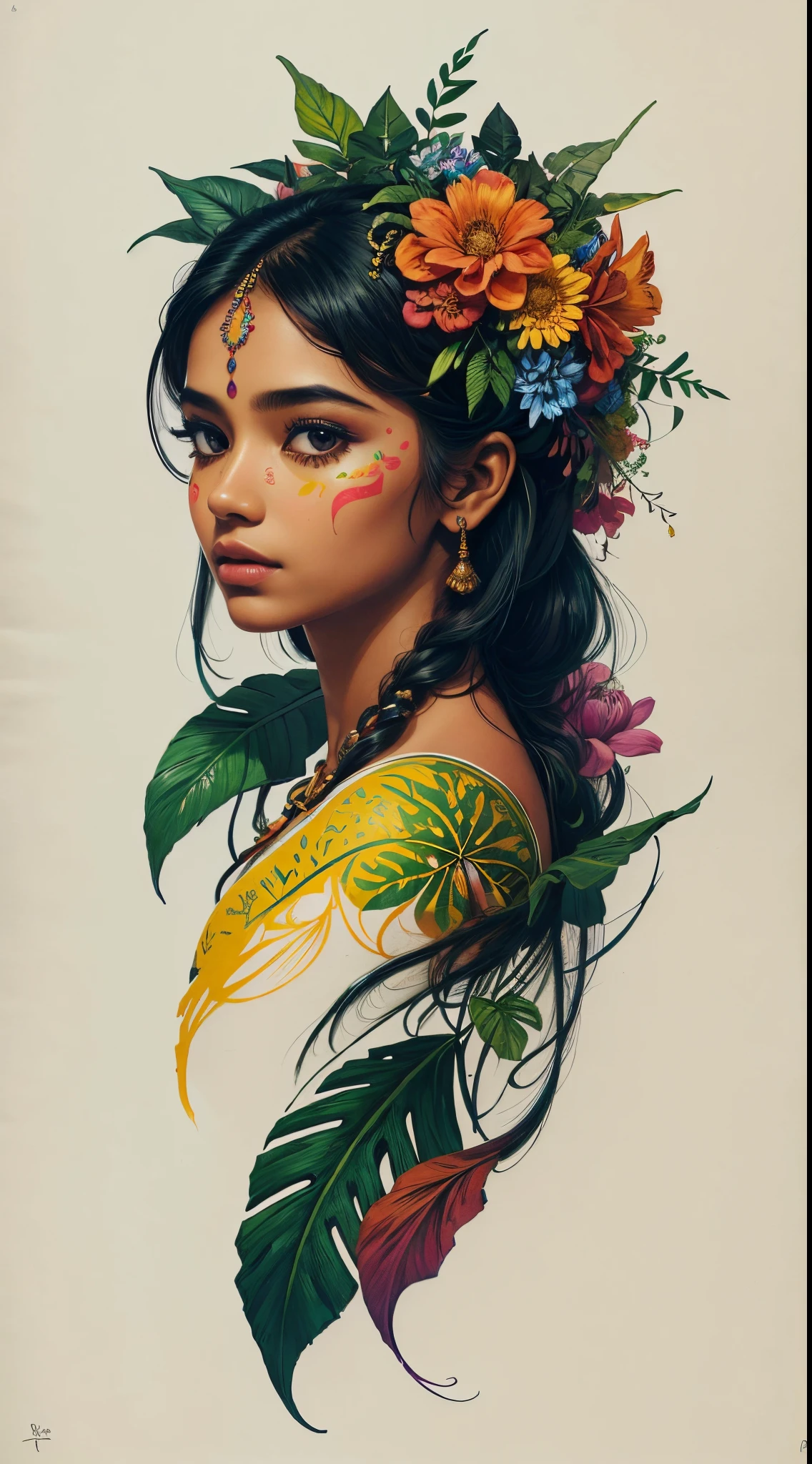 The image showcases a breathtaking and stunningly beautiful East Indian girl whose body is fused with flowers and foliage, vibrant color, in the style of a high resolution pen and ink sketch, isographic portrait, hard edges, high quality, minimalist art, uhd, 4K, 8K