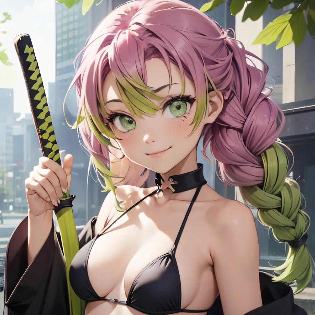 (Smile), The bikini, Japanese Katana Sword, Holding a sword in his hand,Gradient Hair, (Green eyes:1.5), Green hair, Mole under the eyes, multicolored hair, Pink hair, Twin braids, Two-tone hair,