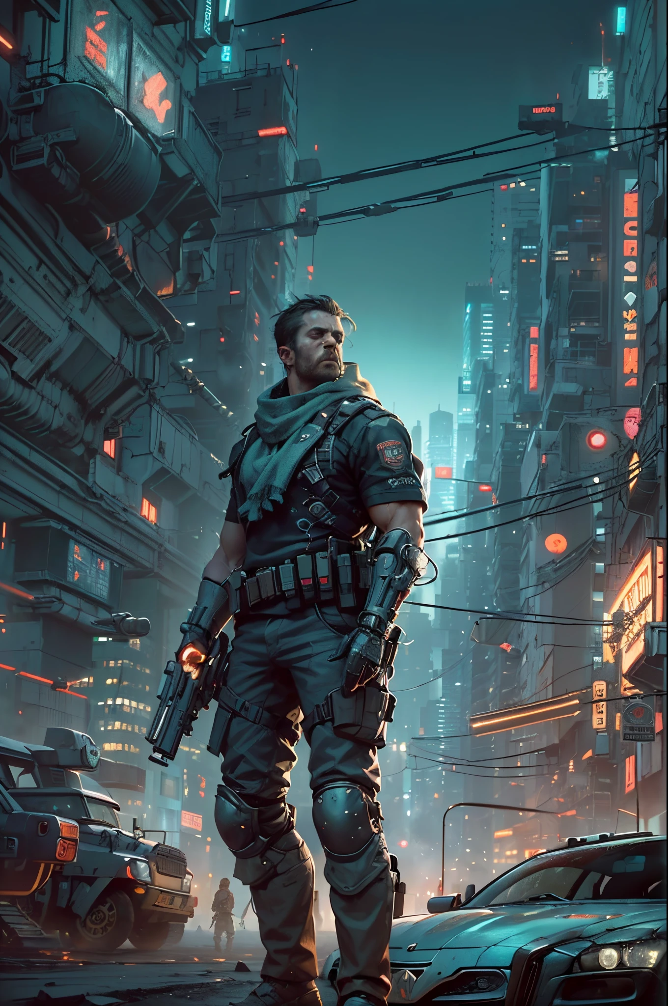 （(Multiple award-winning works, With incredible details, textures and maximum detail，(フォトリアリスティック))），(((Use cyberpunk style to depict a future war，Humanity&#39;s Holy War，)))，early evening，The setting sun slopes to the west，Lazy muscular heavy soldier yawning while standing next to LunarPunkAI sports car，in the shadows beside him，Hidden a reelmech girl，She is preparing to sneak attack the heavily armored soldiers。（(Handsome young boy，))，((Tall, well-proportioned middle-aged man))，heavy look， (Anatomically correct limbs and physique:1.5), (Anatomically correct perspective and occlusion：1.5)，(Gender characteristics are very obvious：1.5)，(correct faces), wide angles，(((Correct ratio of people to vehicles：1.6)))，((Add some scenes：trench，Arsenal，lots of guns，Moon Night，Huge full moon，bedazzled，cyberpunk city landscape, skyscrapper, ))， (Complicated details:1.1), the complex background))， ((Bright and vivid color scheme：1.7))，((dynamic viewing angle+dynamic combination))，