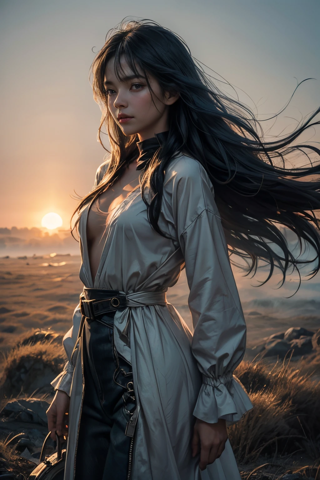 (1girl:1.2), wabstyle, glowing, (fog,:1.2) (mist:1.2), smoke, girl composed of white light, girl composed of black smoke, fire, sun,
, small breasts, long hair, solo, (photorealistic:1.4), cowboy shot, motion blur,
,sexy,
,blue fire, frie rain,
Long hair fluttering in the wind,
loong,wave,( realistic, perfect exposure:1.1)
mist covered,,