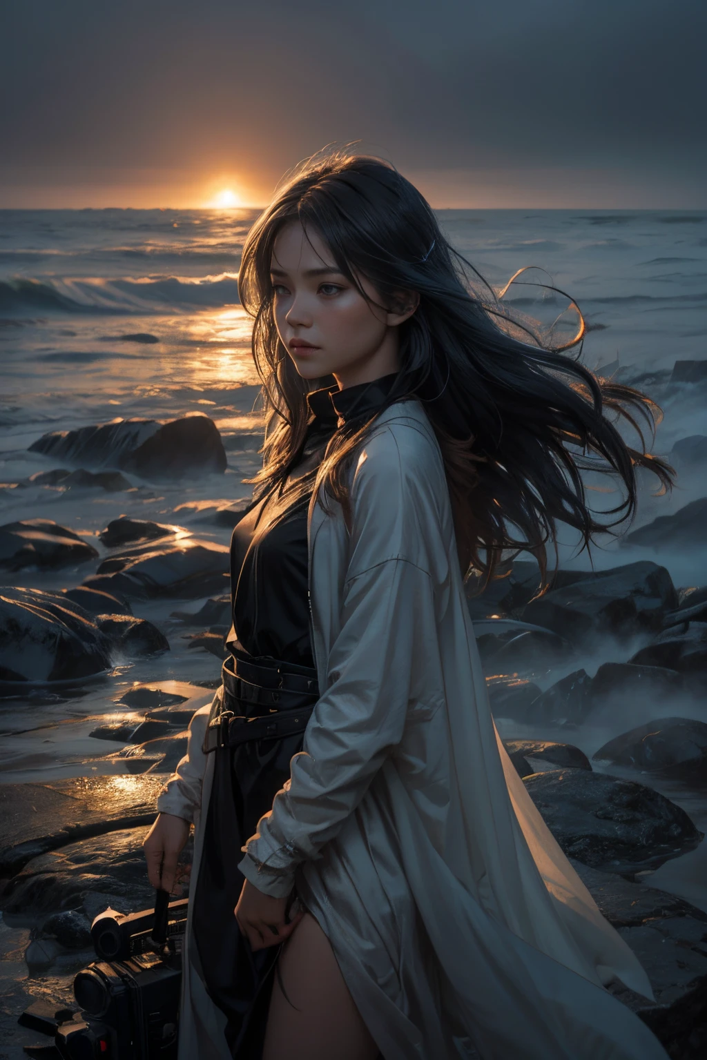 (1girl:1.2), wabstyle, glowing,  (fog,:1.2)  (mist:1.2), smoke, girl composed of white light,  girl composed of black smoke, fire, sun,
, small ???????, long hair, solo, (photorealistic:1.4), cowboy shot, motion blur,
,????,
,blue fire, frie rain,
Long hair fluttering in the wind,
loong,wave,( realistic, perfect exposure:1.1)
 mist covered,,