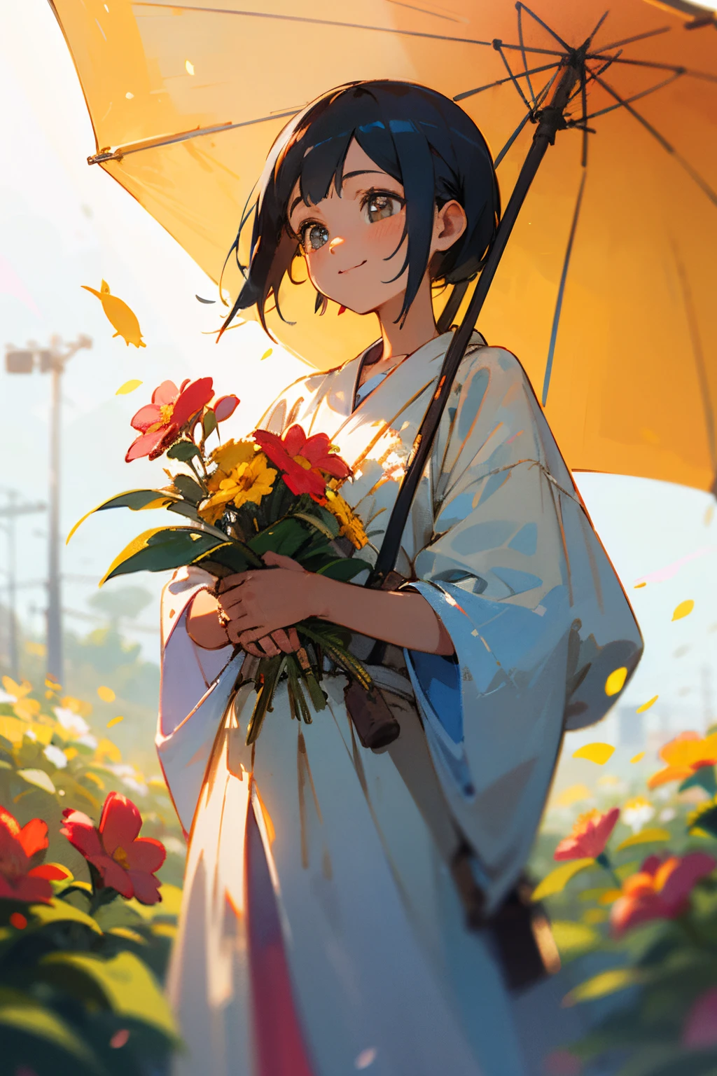 A cute little girl with big bright eyes and a warm smile, standing in a colorful small town surrounded by blooming flowers, chirping birds, and shining sun rays, exuding happiness and harmony; oil painting style, Octane rendering, 4K resolution, bokeh background blur effect