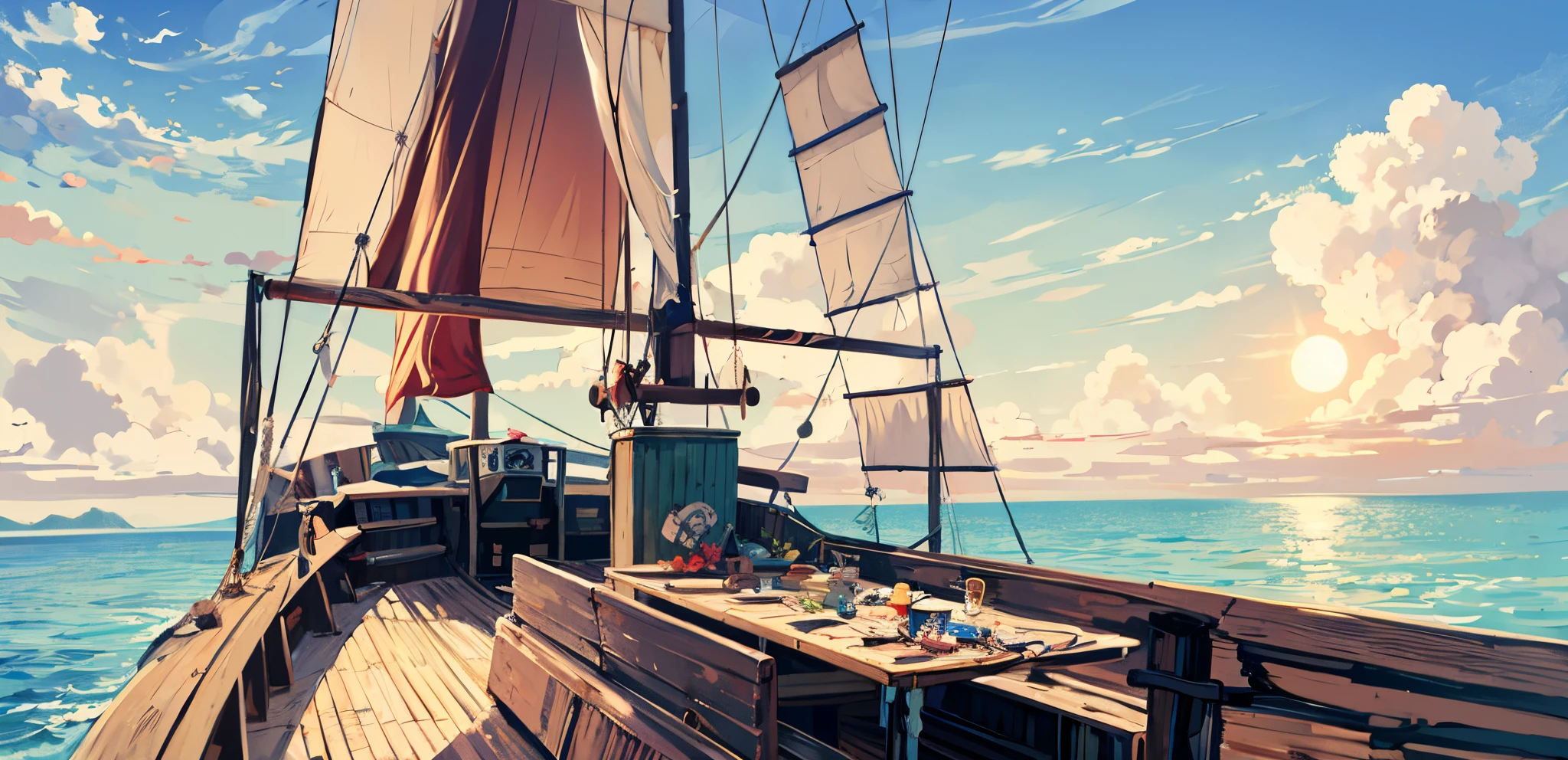 Pirate ship, local, details, day, clear, noon, ((sunny)), noon, bow details, ship,watercraft, ocean, ship, cloud, ((blue sky)), boat, scenery, outdoors, bird, water, horizon, no humans,  waves, sun
