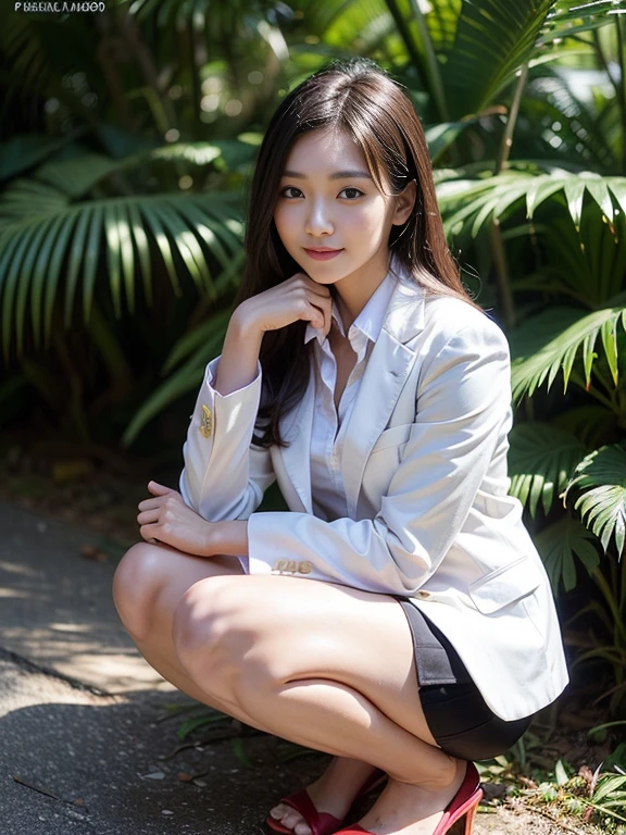 ((top-quality、in 8K、masterpiece:1.3、Raw photo))、Super high quality photos, In the tropical jungle, ((Wearing business suit jacket and skirt)), ((Wear a white blouse shirt under the jacket)), ((Perfect beauty 20 year old idol Japan woman)), ((a smile)), ((nipples sticking out under the shirt,)), ((slim figure)), ((Slim legs)), ((slim thigh)), ((Perfect beauty 20 year old idol Japan woman)), (Photorealistic: 1.4), (Ultra-high detail), (hyper realisitic: 1.4), (Realistic: 1.3), (Smooth lighting: 1.05), Full body, 1girl in, Solo, (Japanese actressl), 20yr old, cinematlic lighting, ((slim figure)), ((Leaner figure)), Good anatomy, Correct anatomy, In the tropical jungle, ((Perfect beauty 20 year old idol Japan woman)), ((slim figure)), ((Slim legs)), ((slim thigh)), ,((Perfect beauty)), ((He has a small camping bag in one hand.)), ((squatting)), ((Panties are visible through the skirt)), ((a smile)),