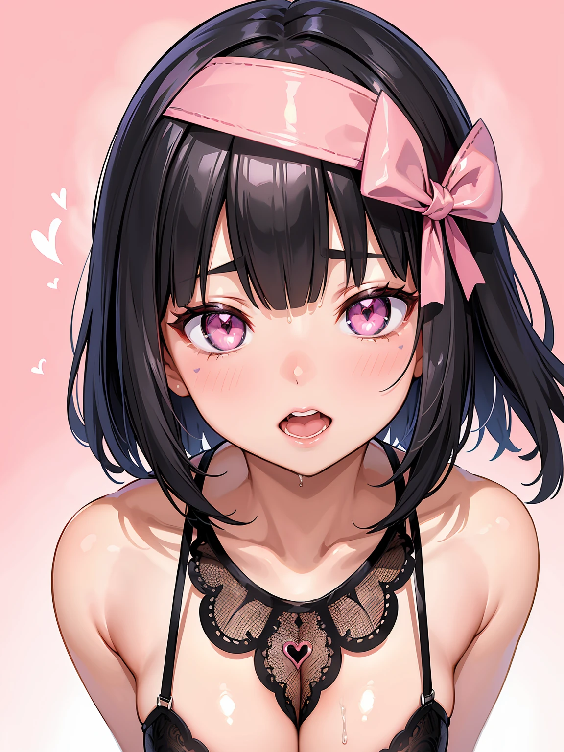 Product quality, ((1girl in)), ((Face close-up shot,:1.5)), ((Camera work seen from above)), ((White lace sexy lingerie)), a Japanese young pretty woman, hyper pretty face, ((wet face)), Glossy lips, Glamorous figure, ((Screaming)), Oral invitation, Heart-shaped pupil, 二重まぶた, Natural makeup, long eyelashes, shiny smooth black hair, bob cuts, asymmetrical bangs, (Overflowing heart mark), (Pink background:1.2), central image, High resolution, high detailing, detailed hairstyle, Detailed face, spectacular movie lighting, Vibrant, anime expression, Perfect limbs, Perfect Anatomy, tre anatomically correct,