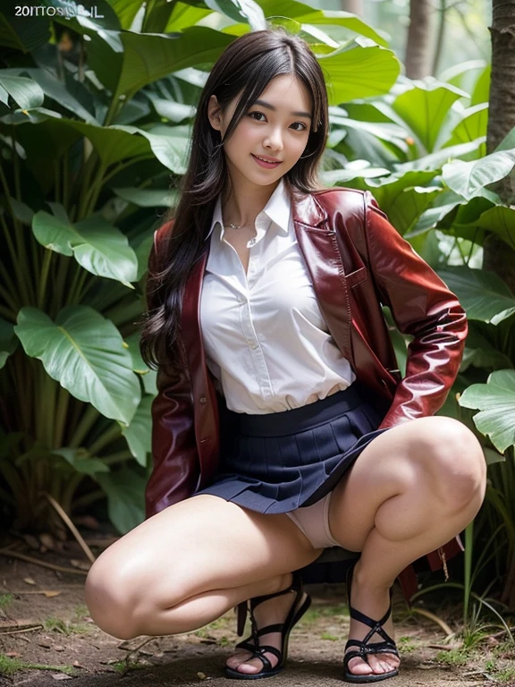 ((top-quality、in 8K、masterpiece:1.3、Raw photo))、Super high quality photos, In the tropical jungle, ((Wearing business suit jacket and skirt)), ((Wear a white blouse shirt under the jacket)), ((Perfect beauty 20 year old idol Japan woman)), ((a smile)), ((nipples sticking out under the shirt,)), ((slim figure)), ((Slim legs)), ((slim thigh)), ((Perfect beauty 20 year old idol Japan woman)), (Photorealistic: 1.4), (Ultra-high detail), (hyper realisitic: 1.4), (Realistic: 1.3), (Smooth lighting: 1.05), Full body, 1girl in, Solo, (Japanese actressl), 20yr old, cinematlic lighting, ((slim figure)), ((Leaner figure)), Good anatomy, Correct anatomy, In the tropical jungle, ((Perfect beauty 20 year old idol Japan woman)), ((slim figure)), ((Slim legs)), ((slim thigh)), ,((Perfect beauty)), ((He has a small camping bag in one hand.)), ((squatting)), ((Panties are visible through the skirt)), ((a smile)),