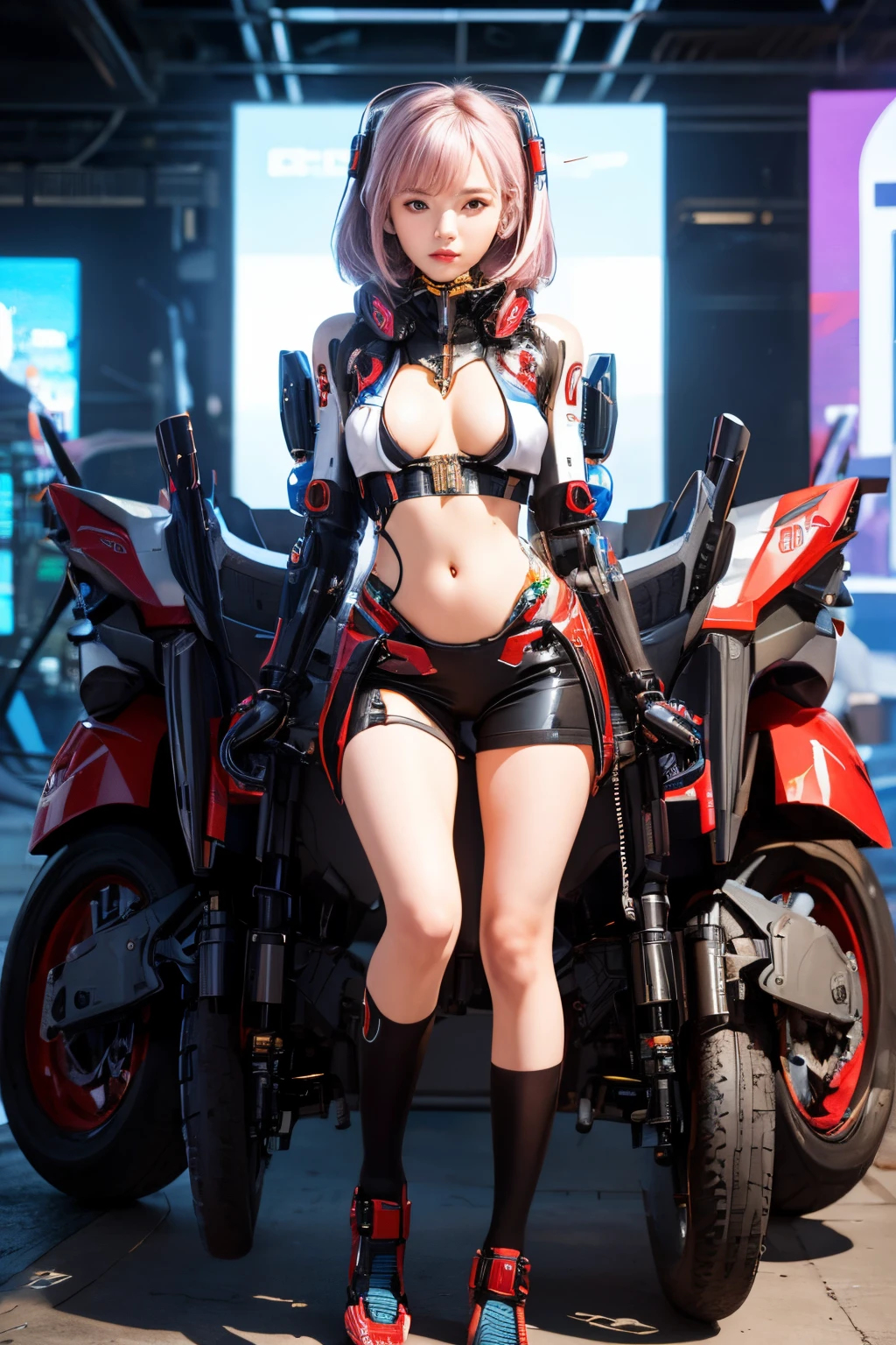 ((best quality)), ((masterpiece)), (detailed), perfect face, full frontal body,  cyberpunk girl wearing mecha outfit