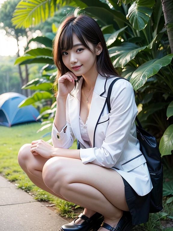 ((top-quality、in 8K、masterpiece:1.3、Raw photo))、Super high quality photos, In the tropical jungle, ((Wearing business suit jacket and skirt)), ((Wear a white blouse shirt under the jacket)), ((Perfect beauty 20 year old idol Japan woman)), ((a smile)), ((nipples sticking out under the shirt,)), ((slim figure)), ((Slim legs)), ((slim thigh)), ((Perfect beauty 20 year old idol Japan woman)), (Photorealistic: 1.4), (Ultra-high detail), (hyper realisitic: 1.4), (Realistic: 1.3), (Smooth lighting: 1.05), Full body, 1girl in, Solo, (Japanese actressl), 20yr old, cinematlic lighting, ((slim figure)), ((Leaner figure)), Good anatomy, Correct anatomy, In the tropical jungle, ((Perfect beauty 20 year old idol Japan woman)), ((slim figure)), ((Slim legs)), ((slim thigh)), ,((Perfect beauty)), ((He has a small camping bag in one hand.)), ((squatting)), ((Panties are visible through the skirt)), ((a smile)),