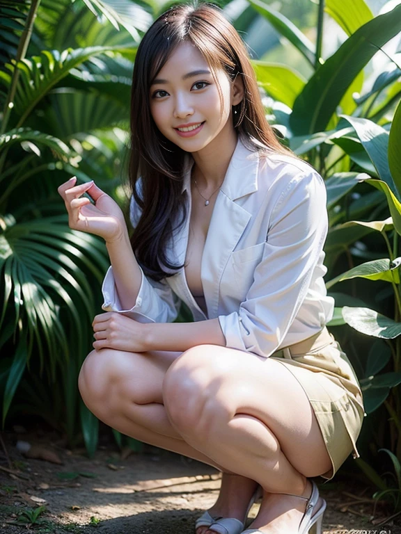 ((top-quality、in 8K、masterpiece:1.3、Raw photo))、Super high quality photos, In the tropical jungle, ((Wearing business suit jacket and skirt)), ((Wear a white blouse shirt under the jacket)), ((Perfect beauty 20 year old idol Japan woman)), ((a smile)), ((nipples sticking out under the shirt,)), ((slim figure)), ((Slim legs)), ((slim thigh)), ((Perfect beauty 20 year old idol Japan woman)), (Photorealistic: 1.4), (Ultra-high detail), (hyper realisitic: 1.4), (Realistic: 1.3), (Smooth lighting: 1.05), Full body, 1girl in, Solo, (Japanese actressl), 20yr old, cinematlic lighting, ((slim figure)), ((Leaner figure)), Good anatomy, Correct anatomy, In the tropical jungle, ((Perfect beauty 20 year old idol Japan woman)), ((slim figure)), ((Slim legs)), ((slim thigh)), ,((Perfect beauty)), ((He has a small camping bag in one hand.)), ((squatting)), ((Panties are visible through the skirt)), ((a smile)),