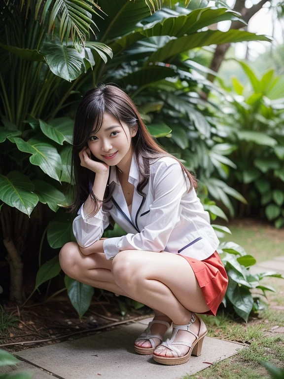 ((top-quality、in 8K、masterpiece:1.3、Raw photo))、Super high quality photos, In the tropical jungle, ((Wearing business suit jacket and skirt)), ((Wear a white blouse shirt under the jacket)), ((Perfect beauty 20 year old idol Japan woman)), ((a smile)), ((nipples sticking out under the shirt,)), ((slim figure)), ((Slim legs)), ((slim thigh)), ((Perfect beauty 20 year old idol Japan woman)), (Photorealistic: 1.4), (Ultra-high detail), (hyper realisitic: 1.4), (Realistic: 1.3), (Smooth lighting: 1.05), Full body, 1girl in, Solo, (Japanese actressl), 20yr old, cinematlic lighting, ((slim figure)), ((Leaner figure)), Good anatomy, Correct anatomy, In the tropical jungle, ((Perfect beauty 20 year old idol Japan woman)), ((slim figure)), ((Slim legs)), ((slim thigh)), ,((Perfect beauty)), ((He has a small camping bag in one hand.)), ((squatting)), ((Panties are visible through the skirt)), ((a smile)), ((camel's toe)),