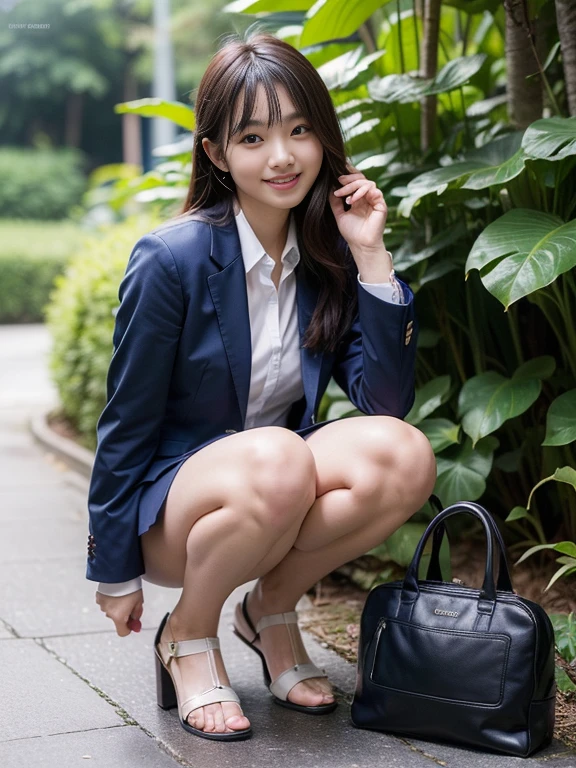 ((top-quality、in 8K、masterpiece:1.3、Raw photo))、Super high quality photos, In the tropical jungle, ((Wearing business suit jacket and skirt)), ((Wear a white blouse shirt under the jacket)), ((Perfect beauty 20 year old idol Japan woman)), ((a smile)), ((nipples sticking out under the shirt,)), ((slim figure)), ((Slim legs)), ((slim thigh)), ((Perfect beauty 20 year old idol Japan woman)), (Photorealistic: 1.4), (Ultra-high detail), (hyper realisitic: 1.4), (Realistic: 1.3), (Smooth lighting: 1.05), Full body, 1girl in, Solo, (Japanese actressl), 20yr old, cinematlic lighting, ((slim figure)), ((Leaner figure)), Good anatomy, Correct anatomy, In the tropical jungle, ((Perfect beauty 20 year old idol Japan woman)), ((slim figure)), ((Slim legs)), ((slim thigh)), ,((Perfect beauty)), ((He has a small camping bag in one hand.)), ((squatting)), ((Panties are visible through the skirt)), ((a smile)),