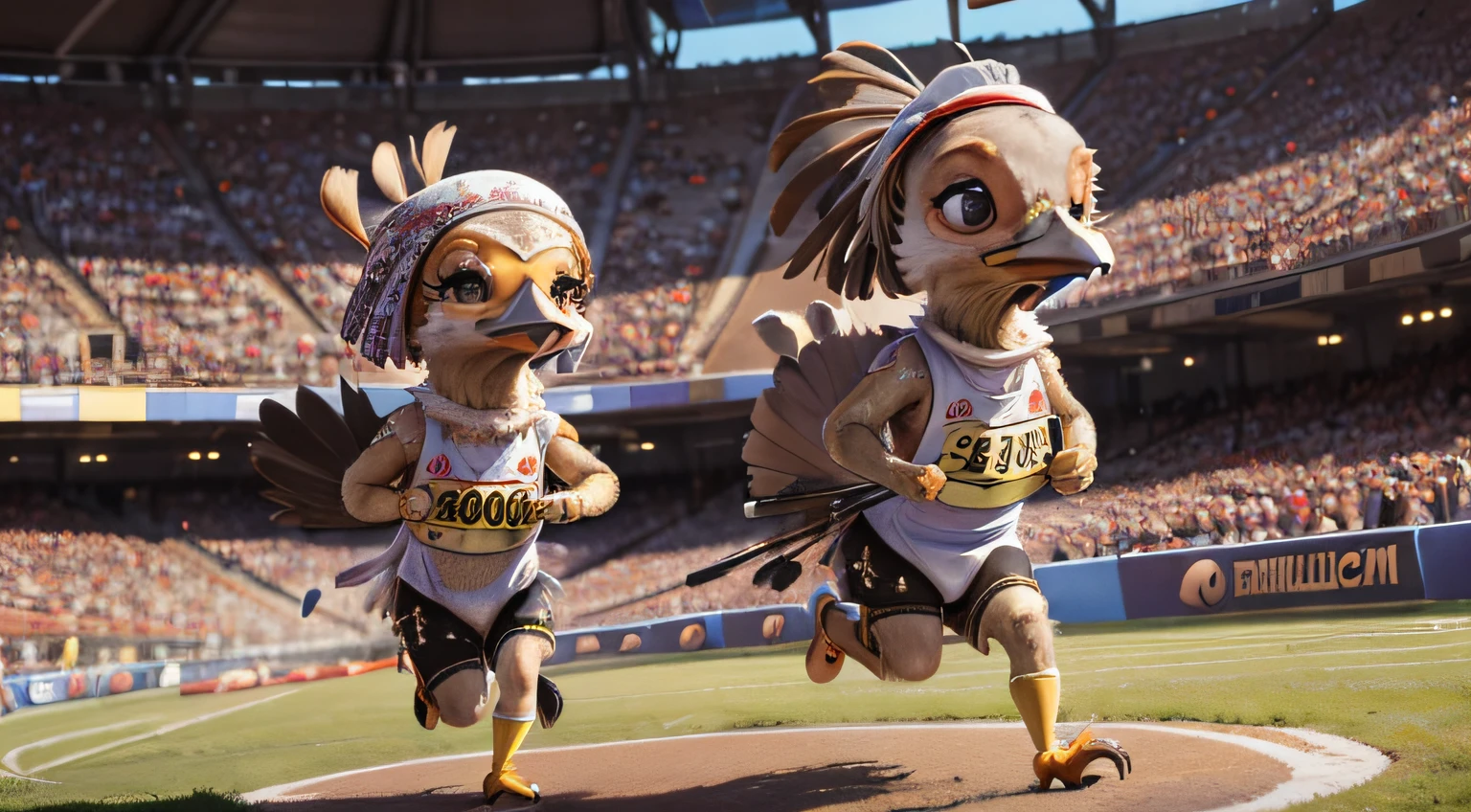 (Turkeys:1.3), bird, (Turkeys' 800m relay lace), cute turkeys wearing bib and headband racing in the stadium, motion blur:1.3, (Chibi:1.4), (best composition), (Masterpiece), (Best Quality), (Ultra high Detailes)