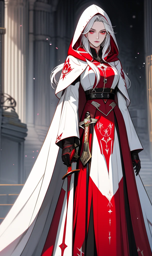 Anime woman wearing red and white clothes，with sword，Concept art inspired by Nat Lee，pixiv, Long white hair，red color eyes，Black combat uniform，White cloak with hood，under art，Exquisite androgynous prince，clothing design，detailed full-body concept，full body detailing，full body concept，very detailed and rich clothing，Anime full body illustration，detailed full body concept art